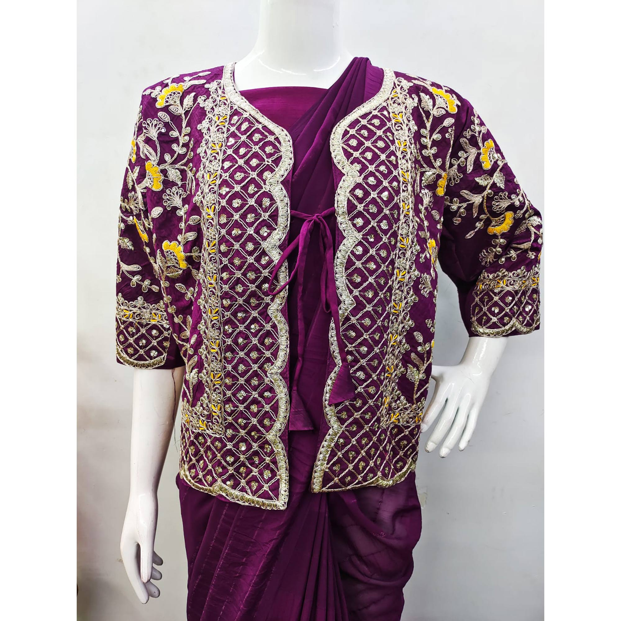 Purple Woven Georgette Saree With Embroidered Jacket