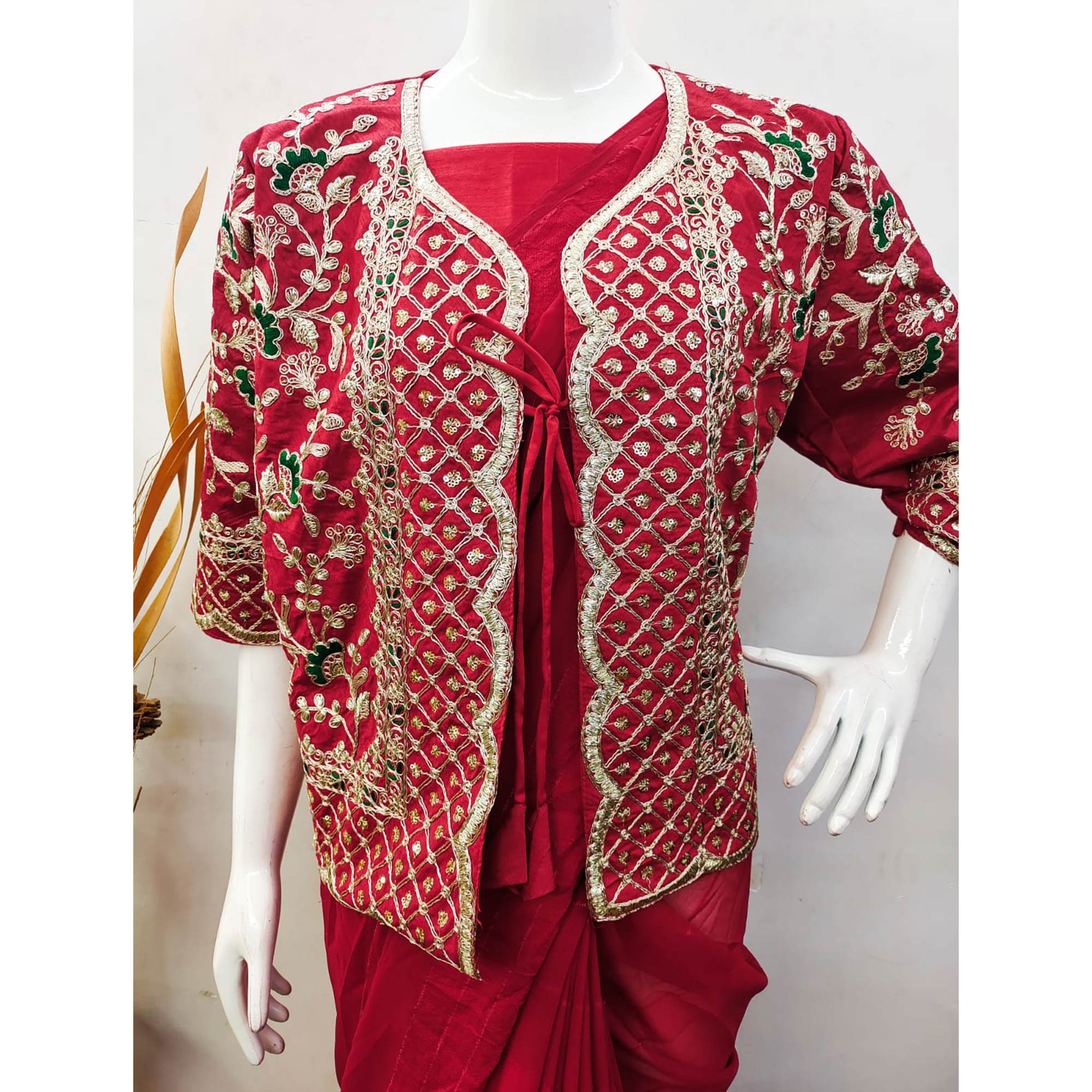 Red Woven Georgette Saree With Embroidered Jacket