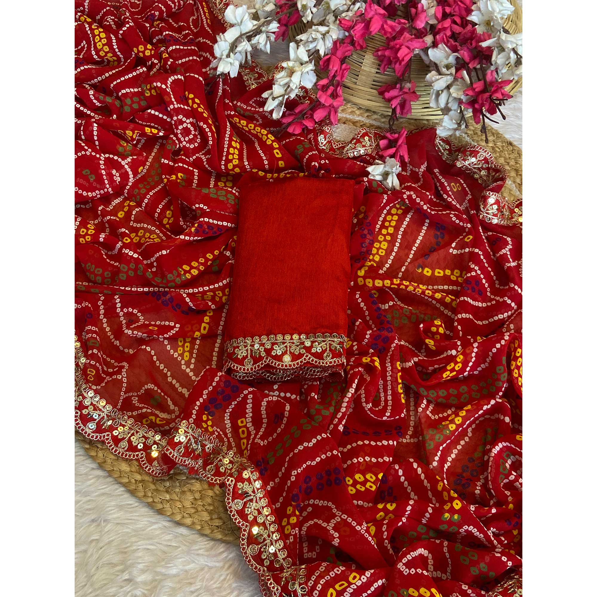 Vibrant Red Bandhani Georgette Saree With Cording & Sequins Lace Border