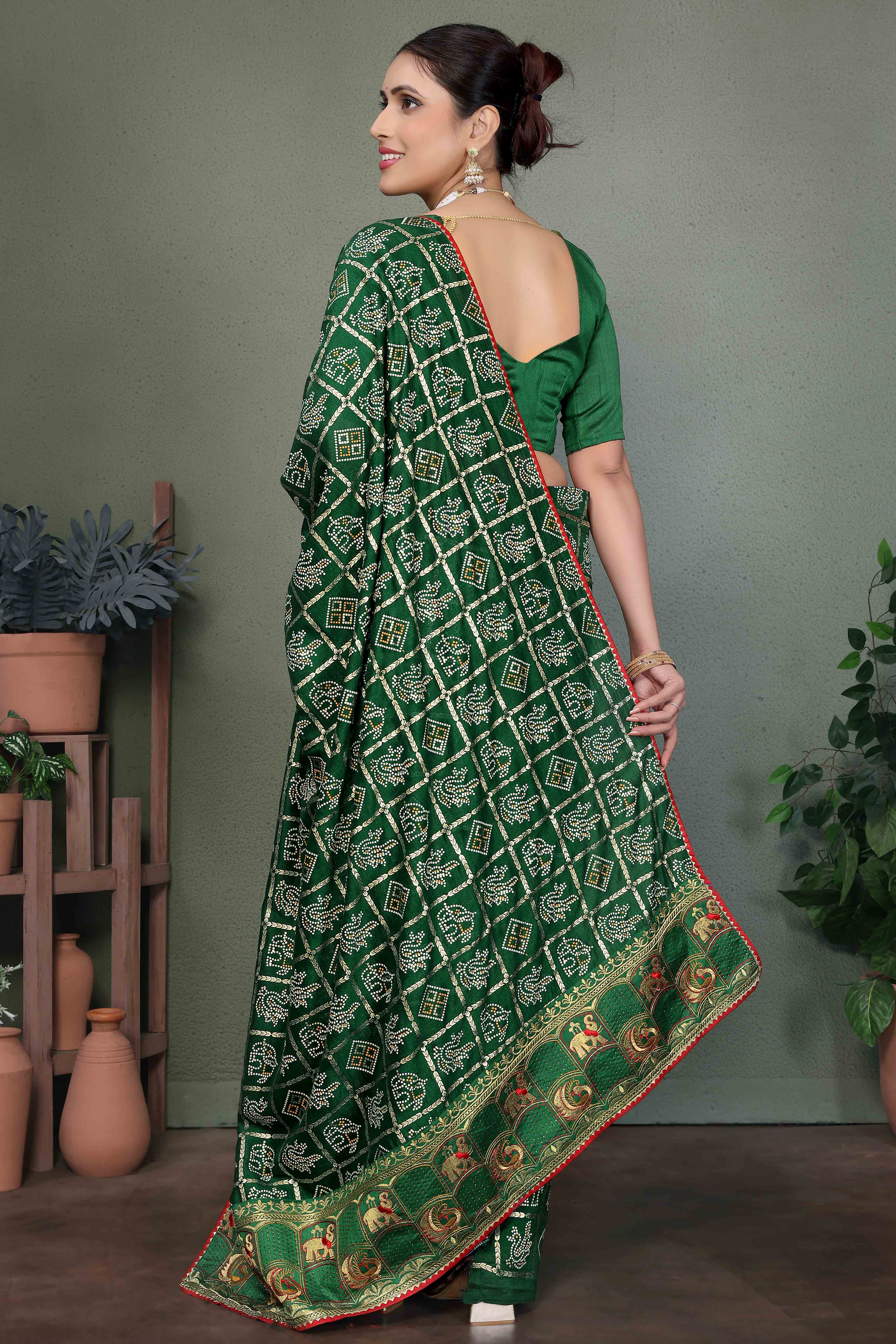 Green Vichitra Silk Saree Featuring Bandhani Patterns and Graceful Embroidered Borders