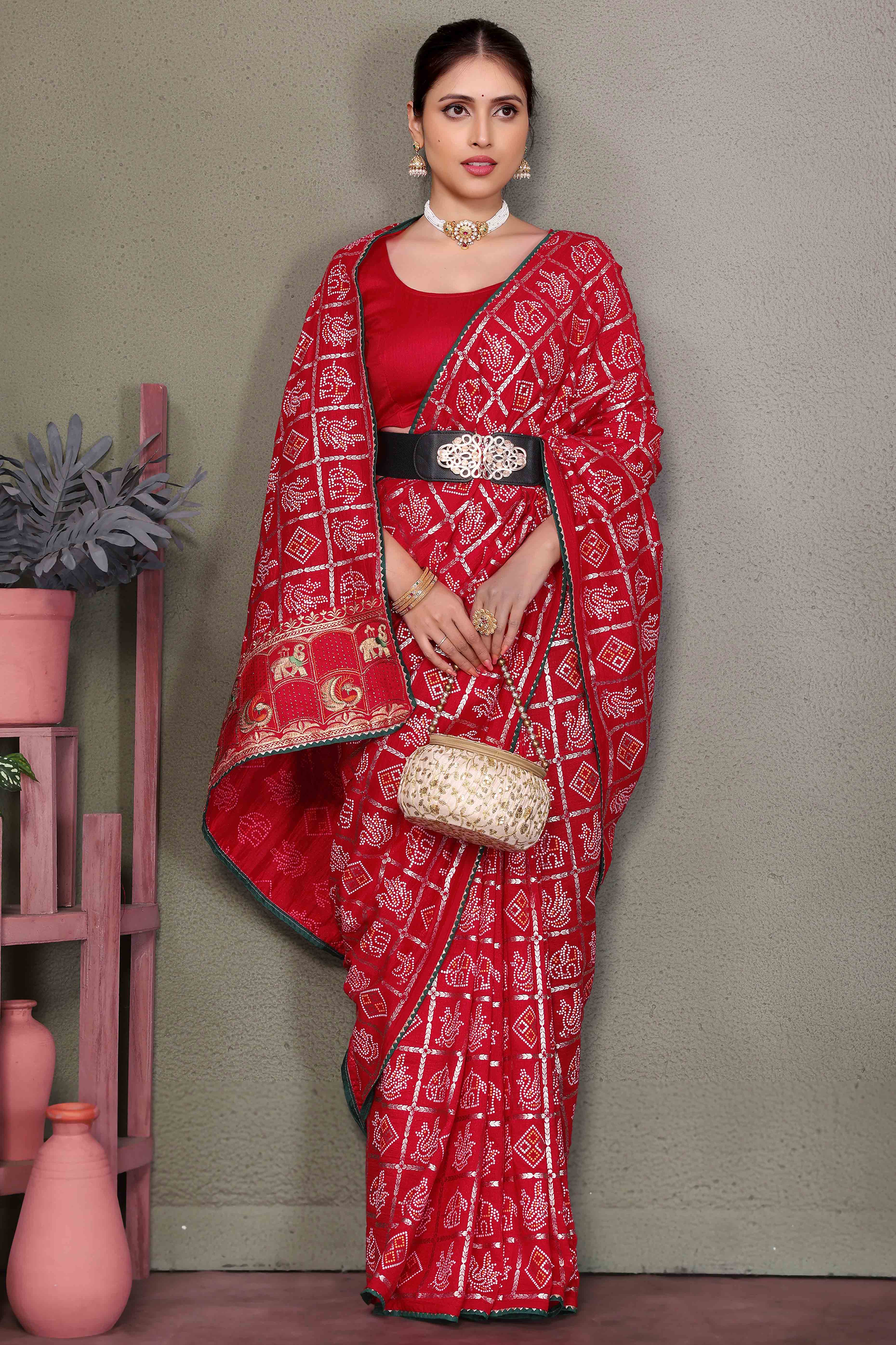 Red Vichitra Silk Saree Featuring Bandhani Patterns and Graceful Embroidered Borders