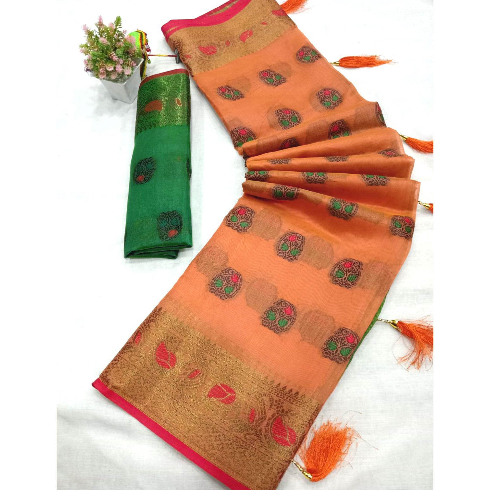 Orange Zari Work Woven Cotton Silk Saree