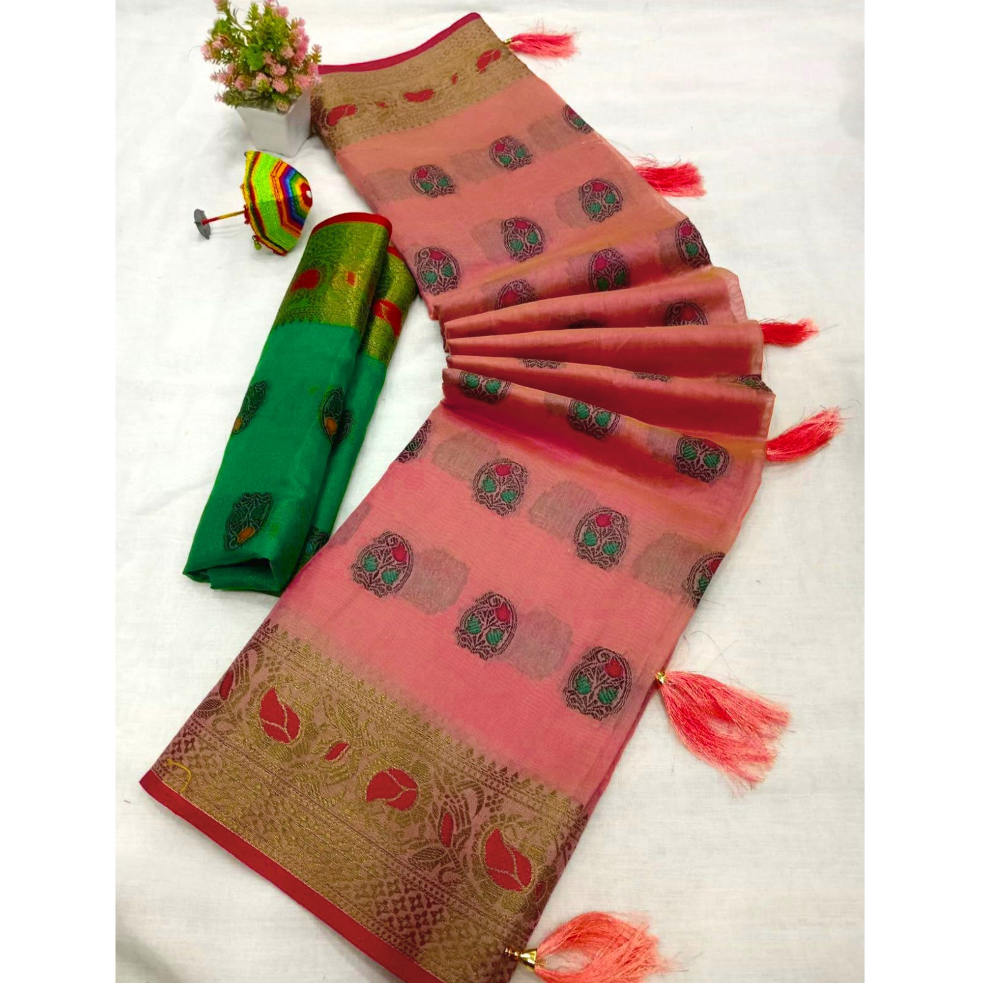 Pink Zari Work Woven Cotton Silk Saree