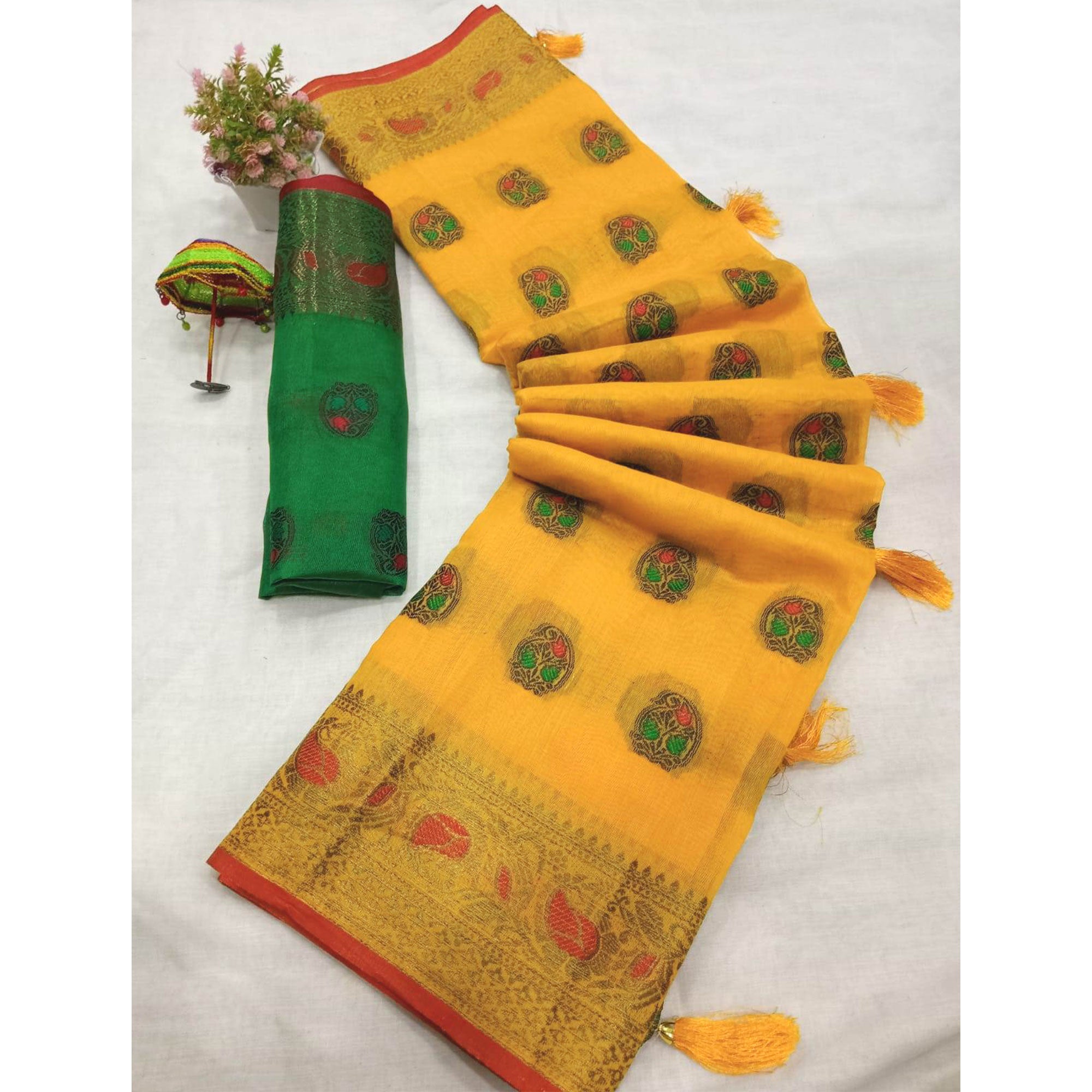 Yellow Zari Work Woven Cotton Silk Saree