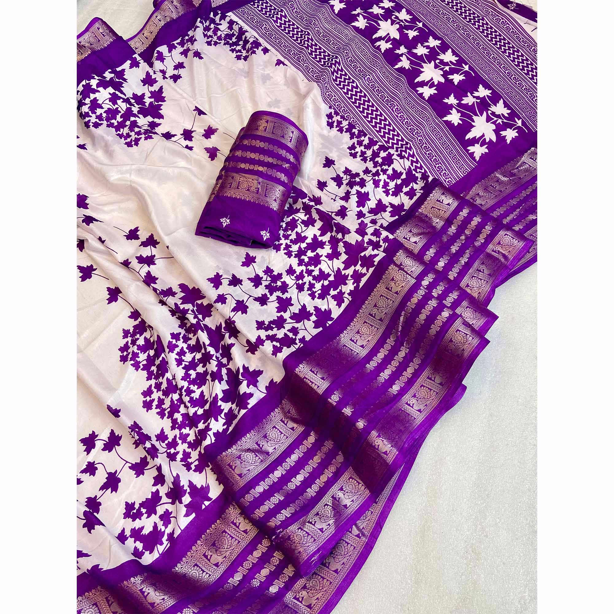 Purple & Offwhite Floral Printed Dola Silk Saree With Zari Border