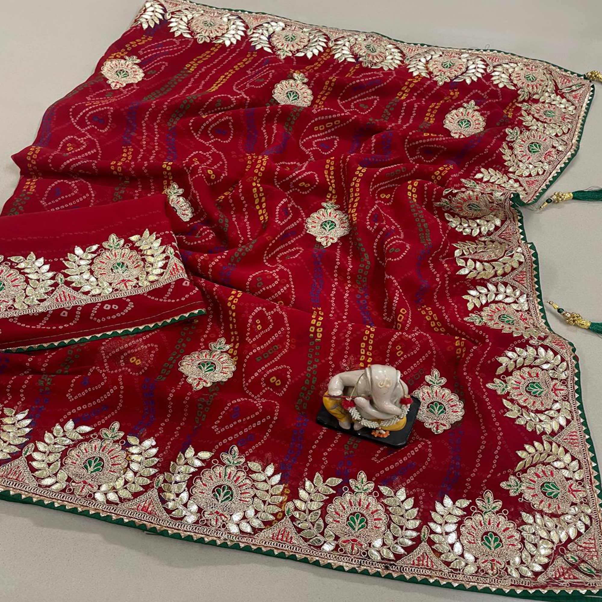 Red Bandhani Printed Georgette Saree
