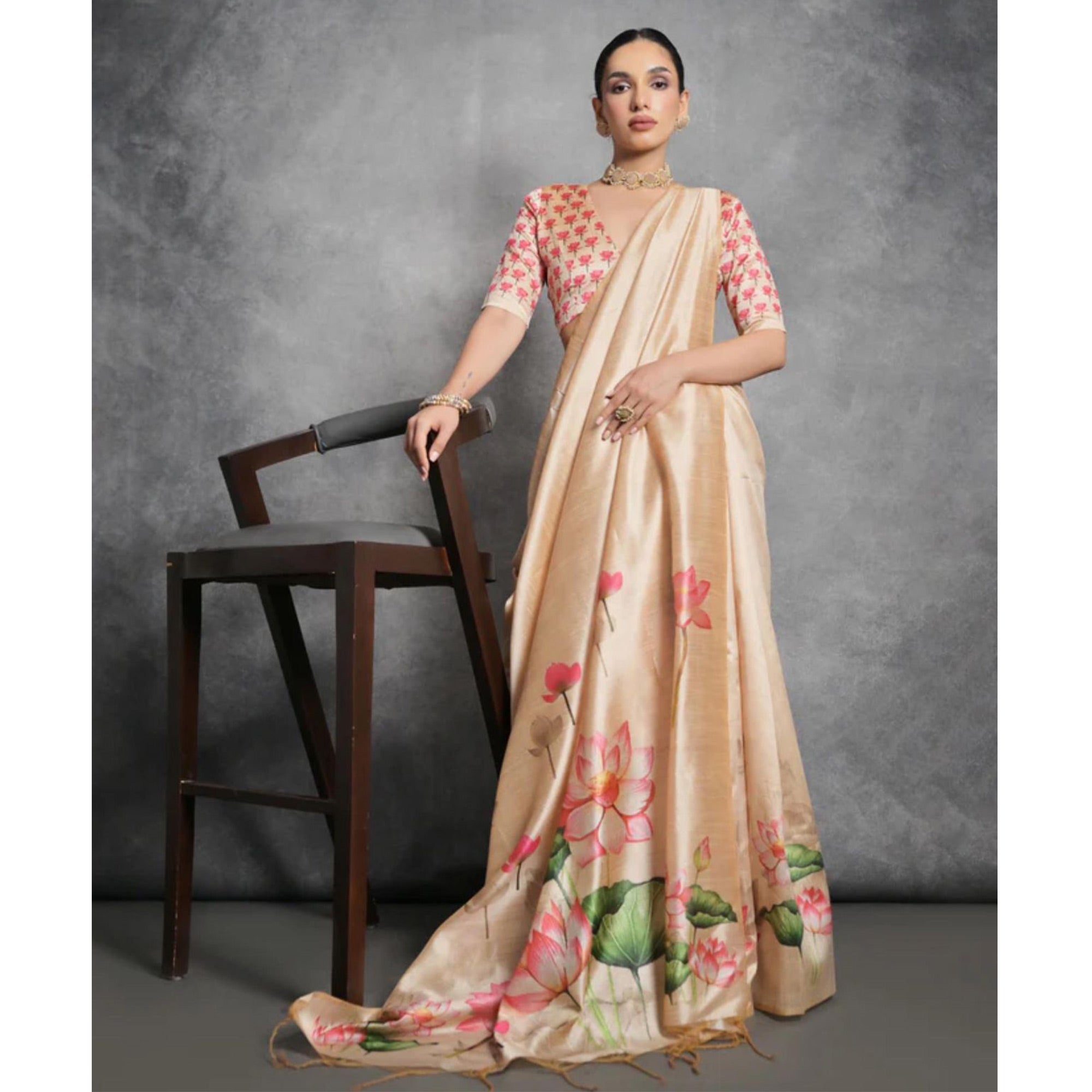 Beige Digital Printed Tussar Silk Saree