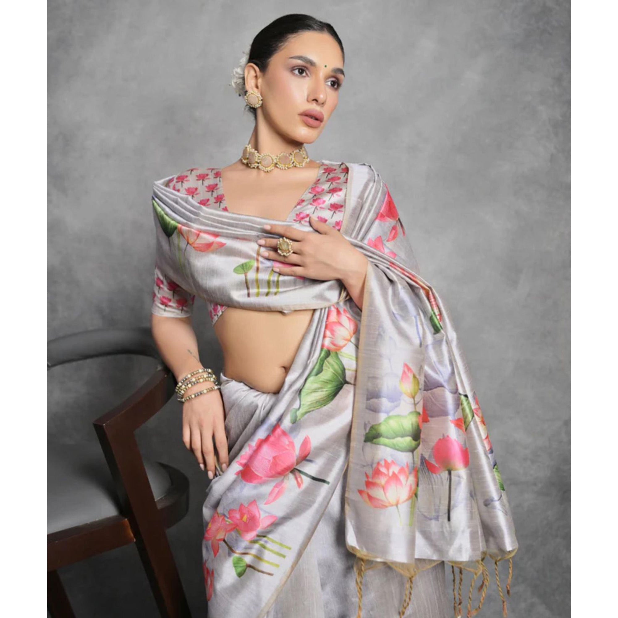 Grey Digital Printed Tussar Silk Saree