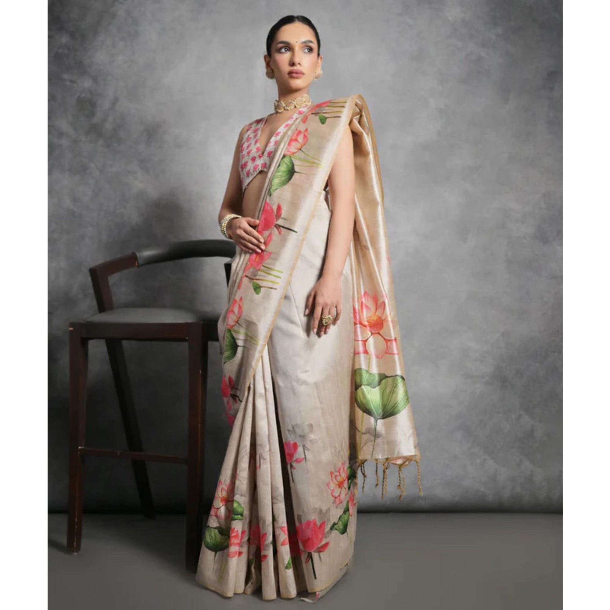 Light Brown Digital Printed Tussar Silk Saree