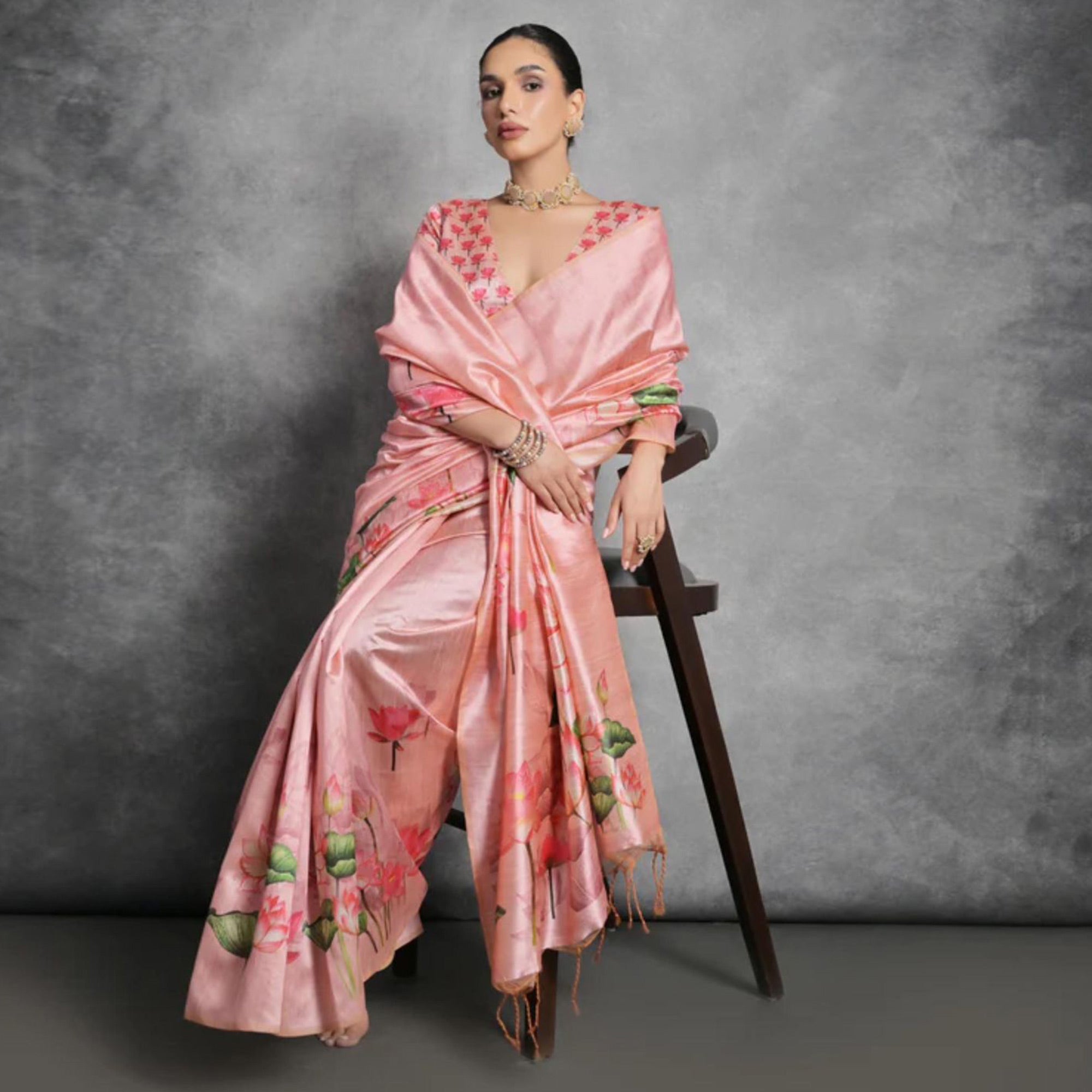 Peach Digital Printed Tussar Silk Saree