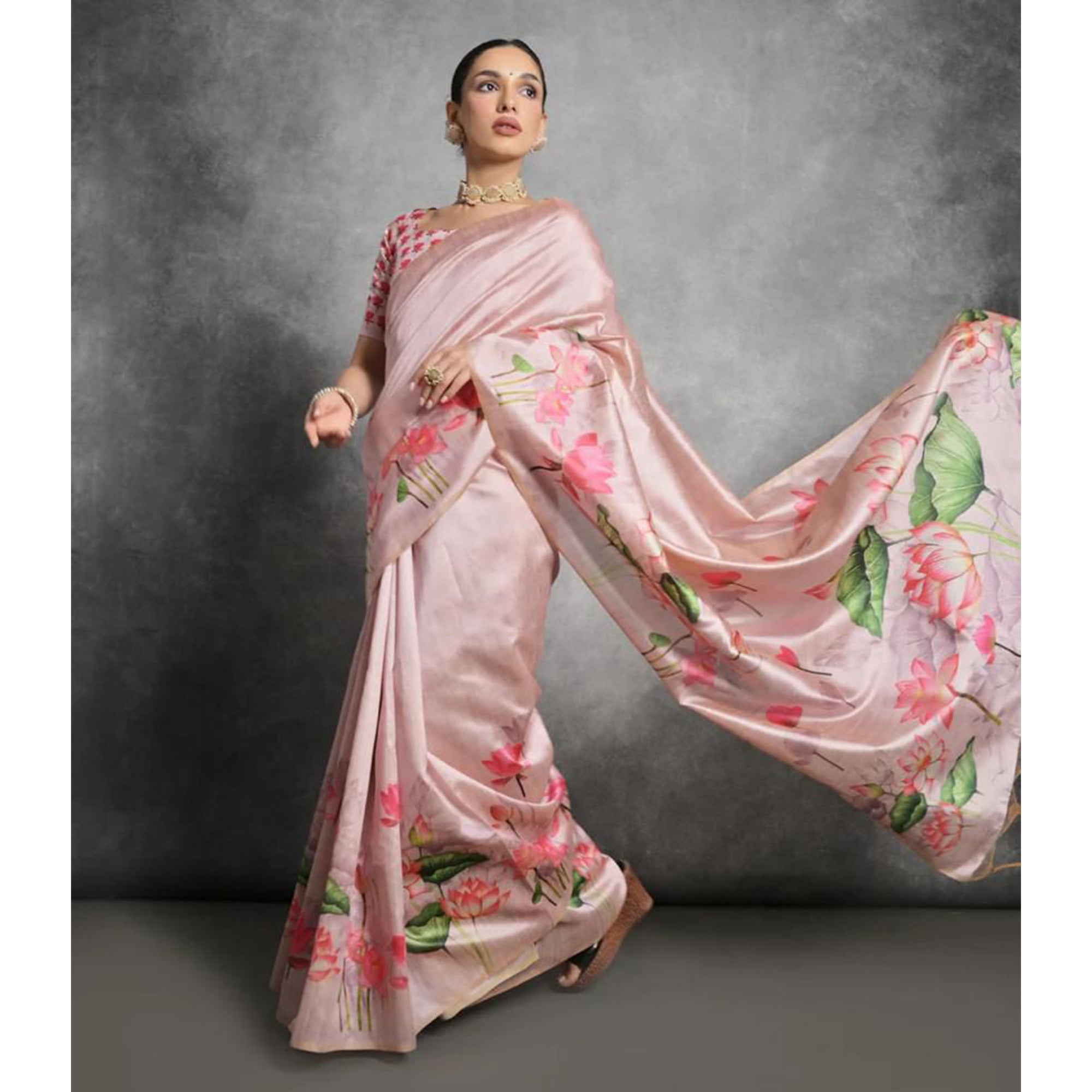 Pink Digital Printed Tussar Silk Saree