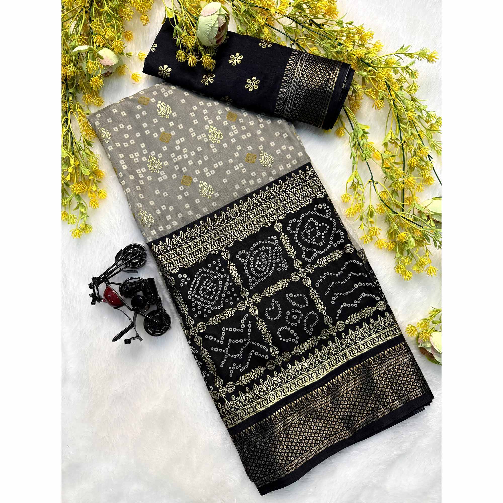 Grey & Black Dola Silk Saree Featuring Traditional Bandhani Print & Woven Border