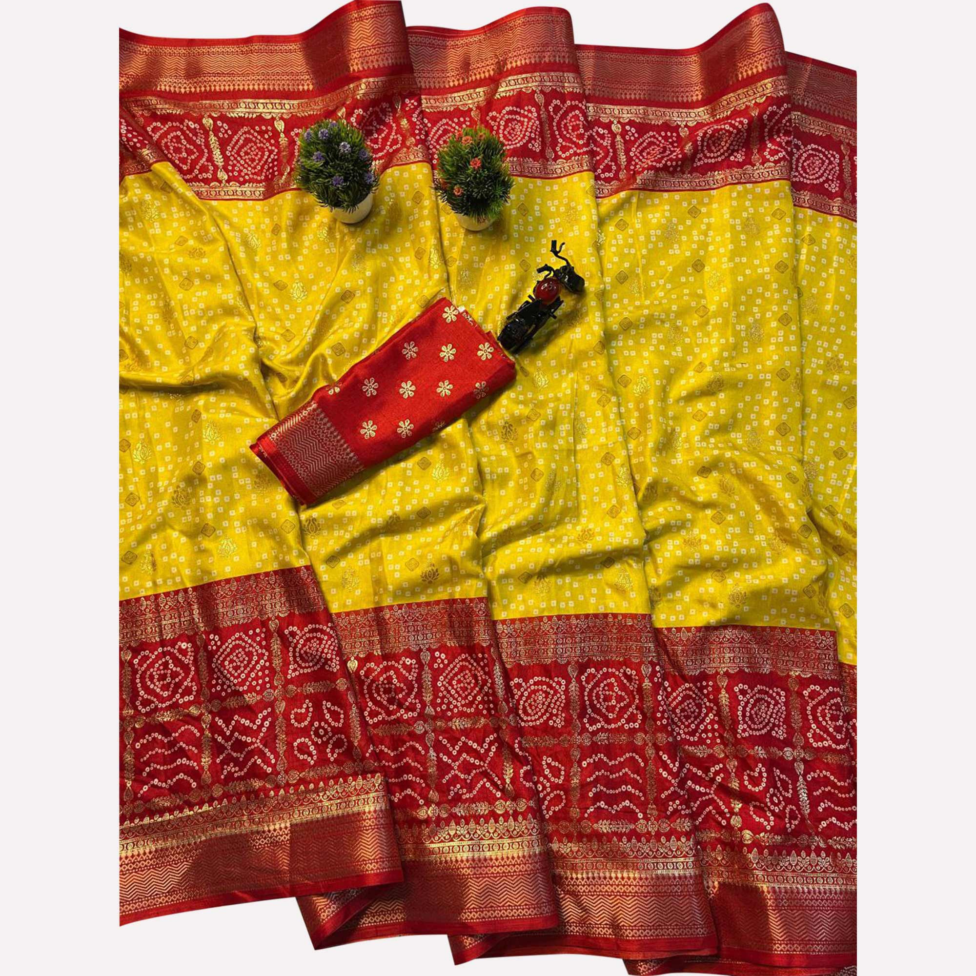 Yellow & Red Woven With Bandhani Printed Dola Silk Saree