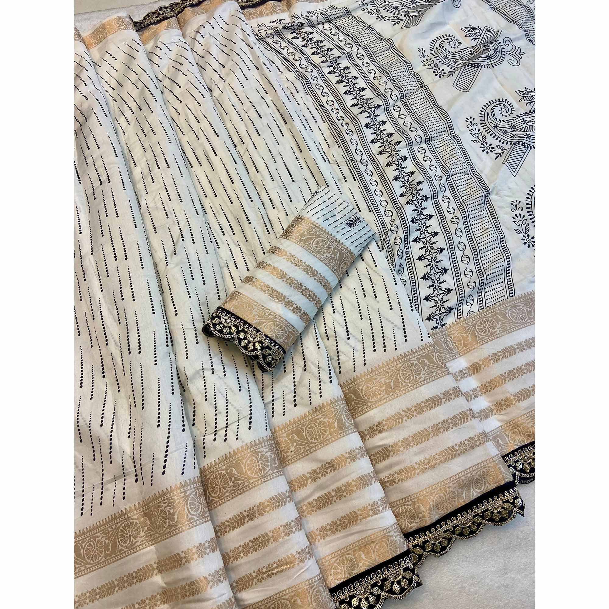 White Printed Dola Silk Saree With Sequins Border
