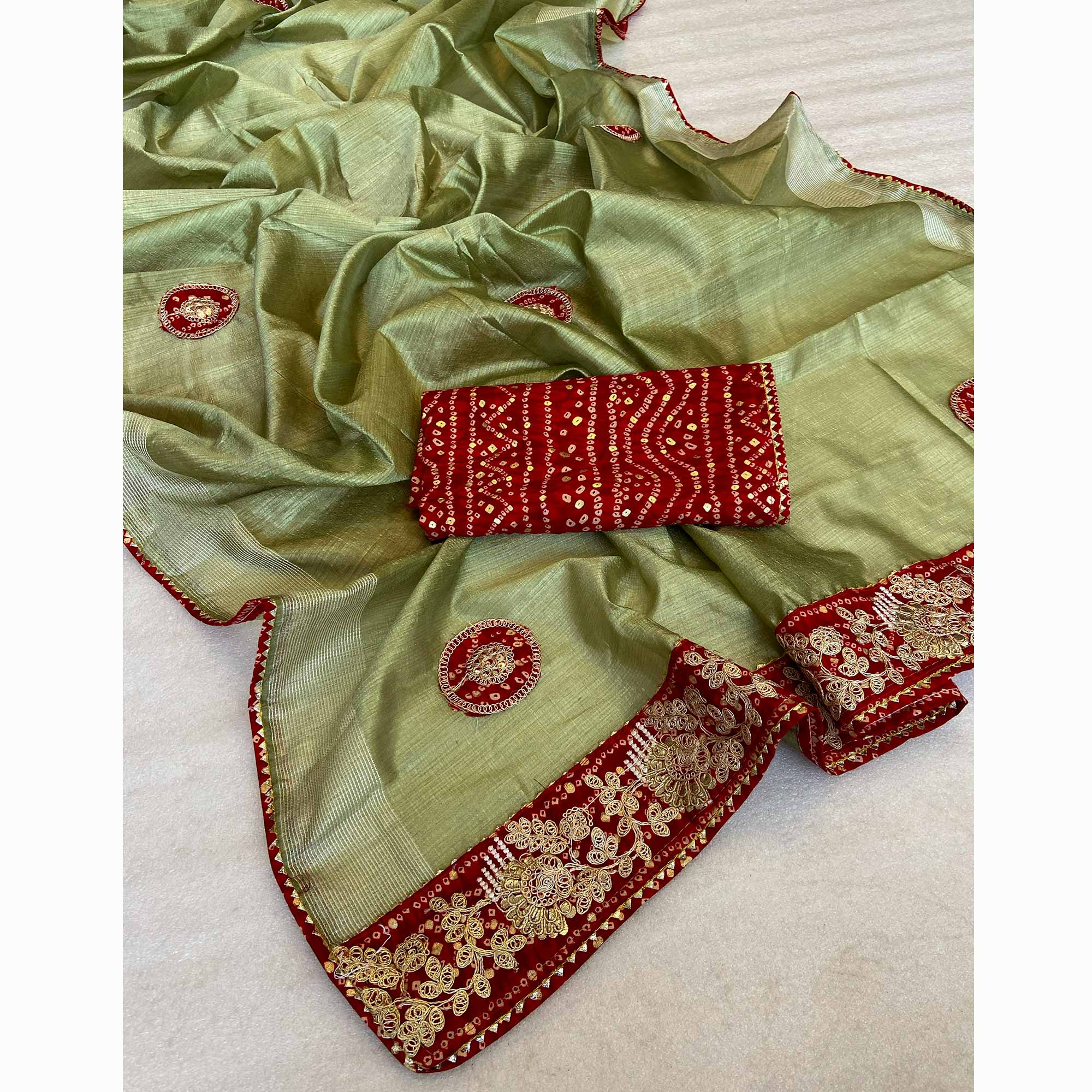 Green Cording Sequins Embroidery With Bandhani Print Art Silk Saree