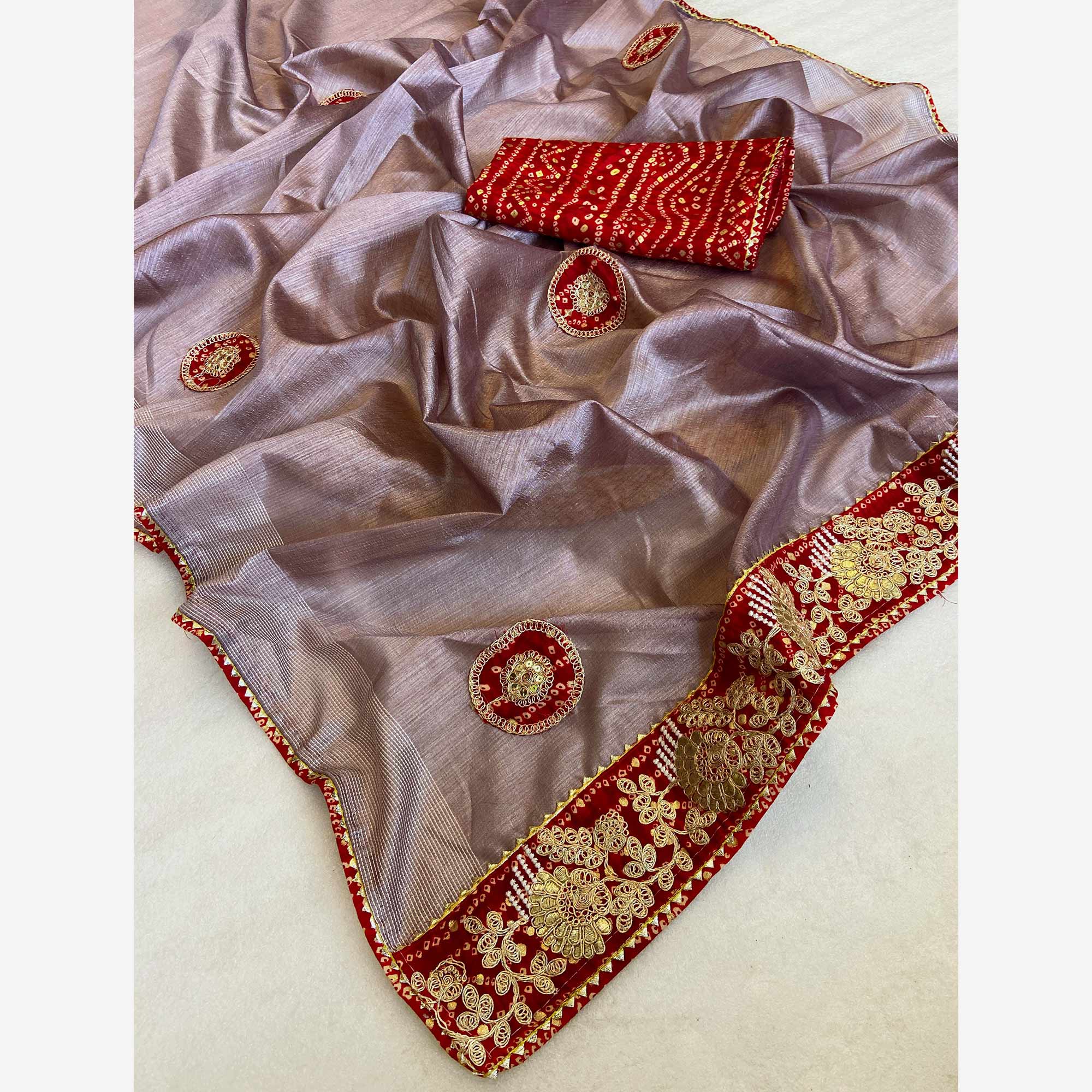 Lavender Cording Sequins Embroidery With Bandhani Print Art Silk Saree