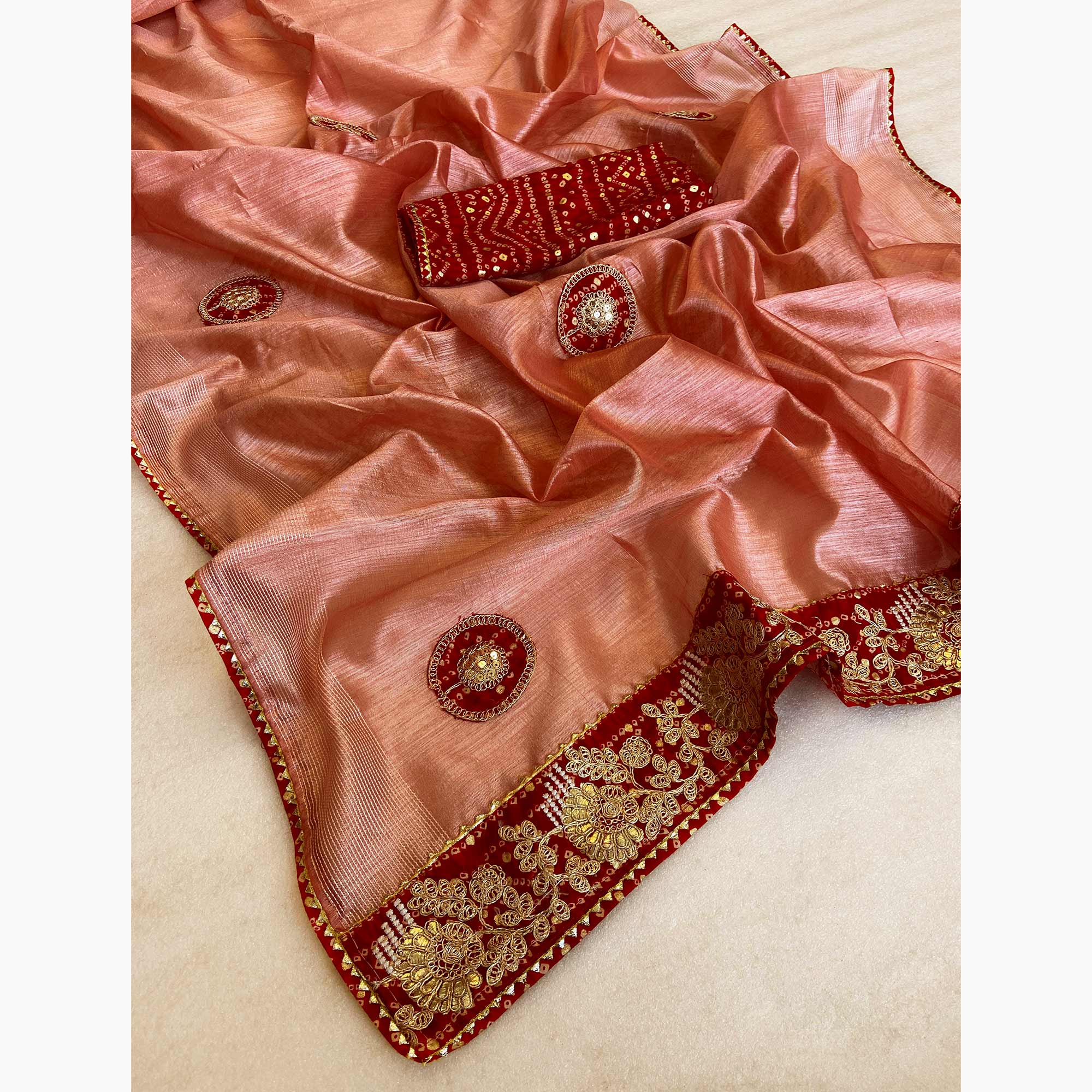 Peach Cording Sequins Embroidery With Bandhani Print Art Silk Saree