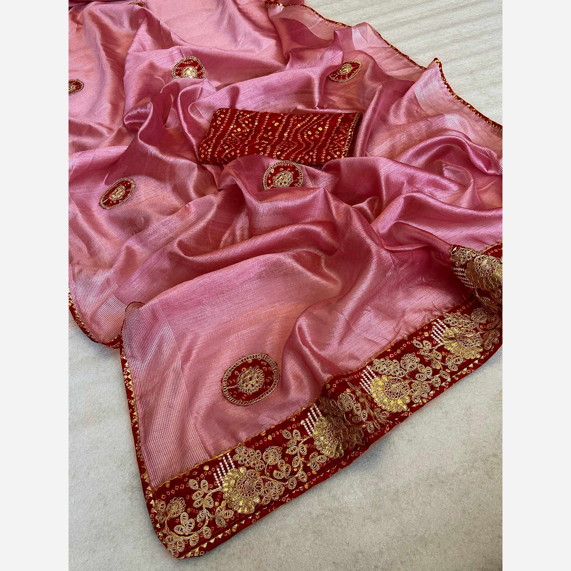 Pink Cording Sequins Embroidery With Bandhani Print Art Silk Saree