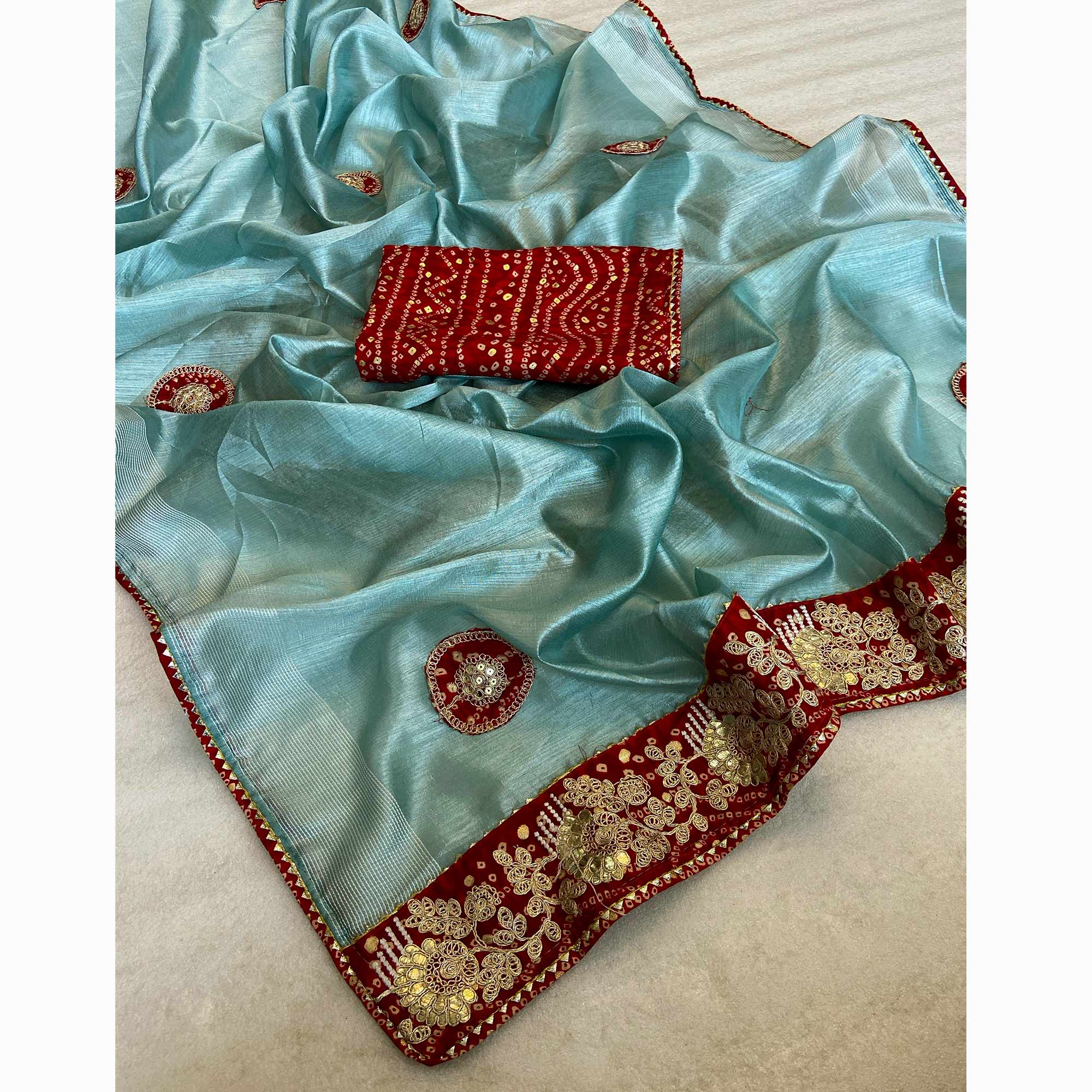 Turquoise Blue Cording Sequins Embroidery With Bandhani Print Art Silk Saree