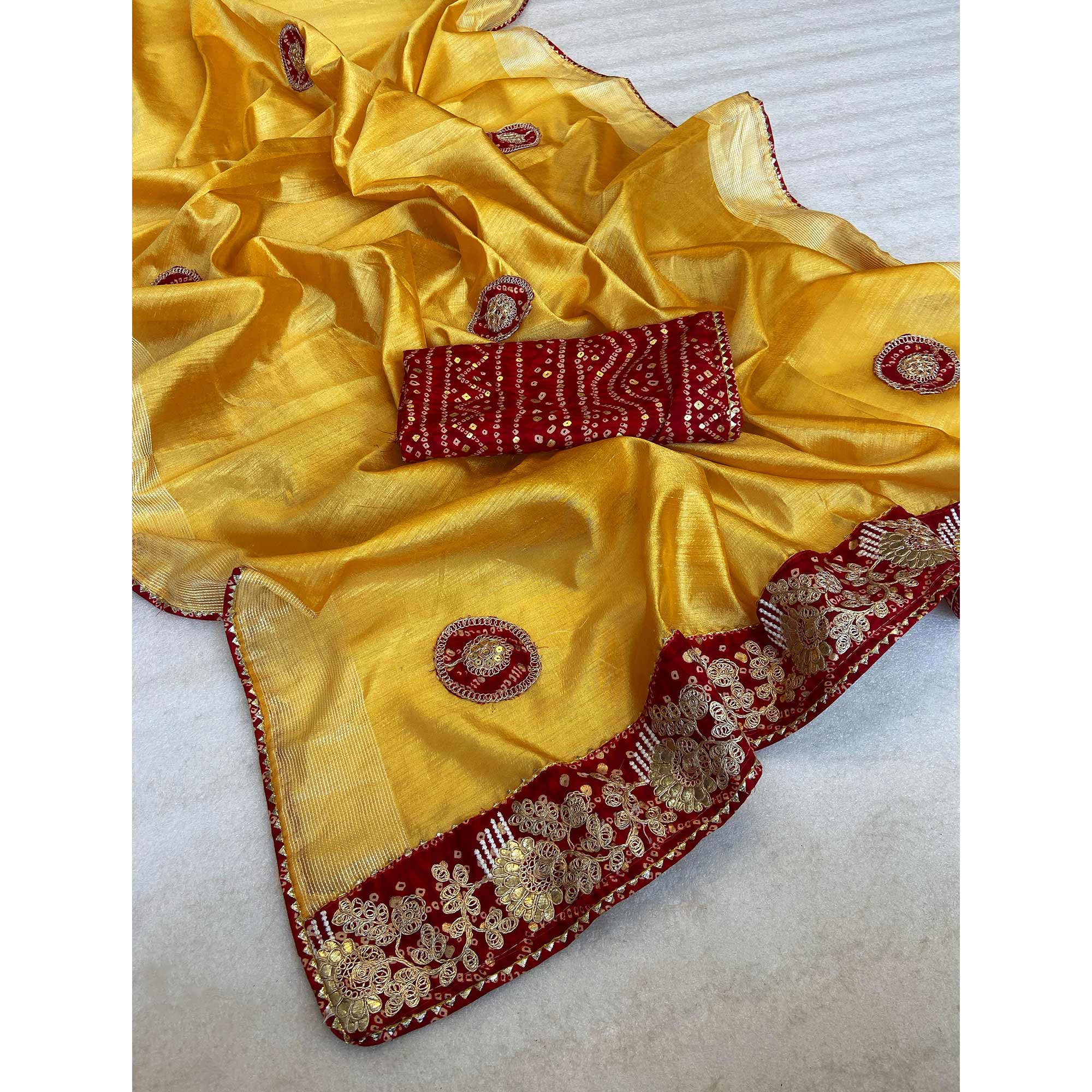 Yellow Cording Sequins Embroidery With Bandhani Print Art Silk Saree