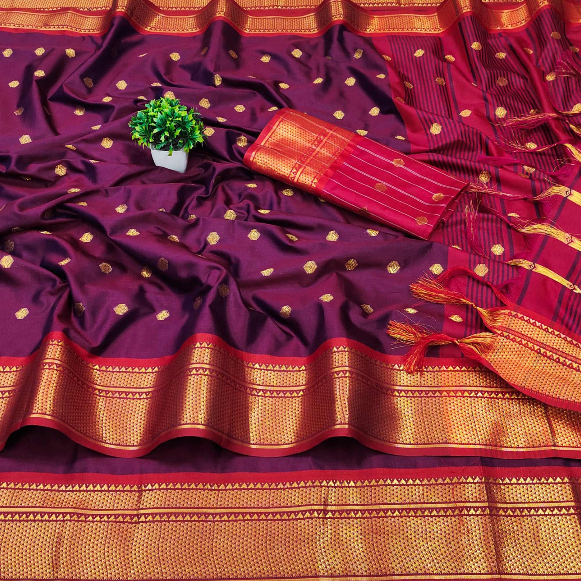 Purple Zari Woven Lichi Art Silk Saree With Tassels