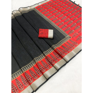 Black & Red Linen Cotton Saree Adorned with Vibrant Floral Prints and Breezy Texture
