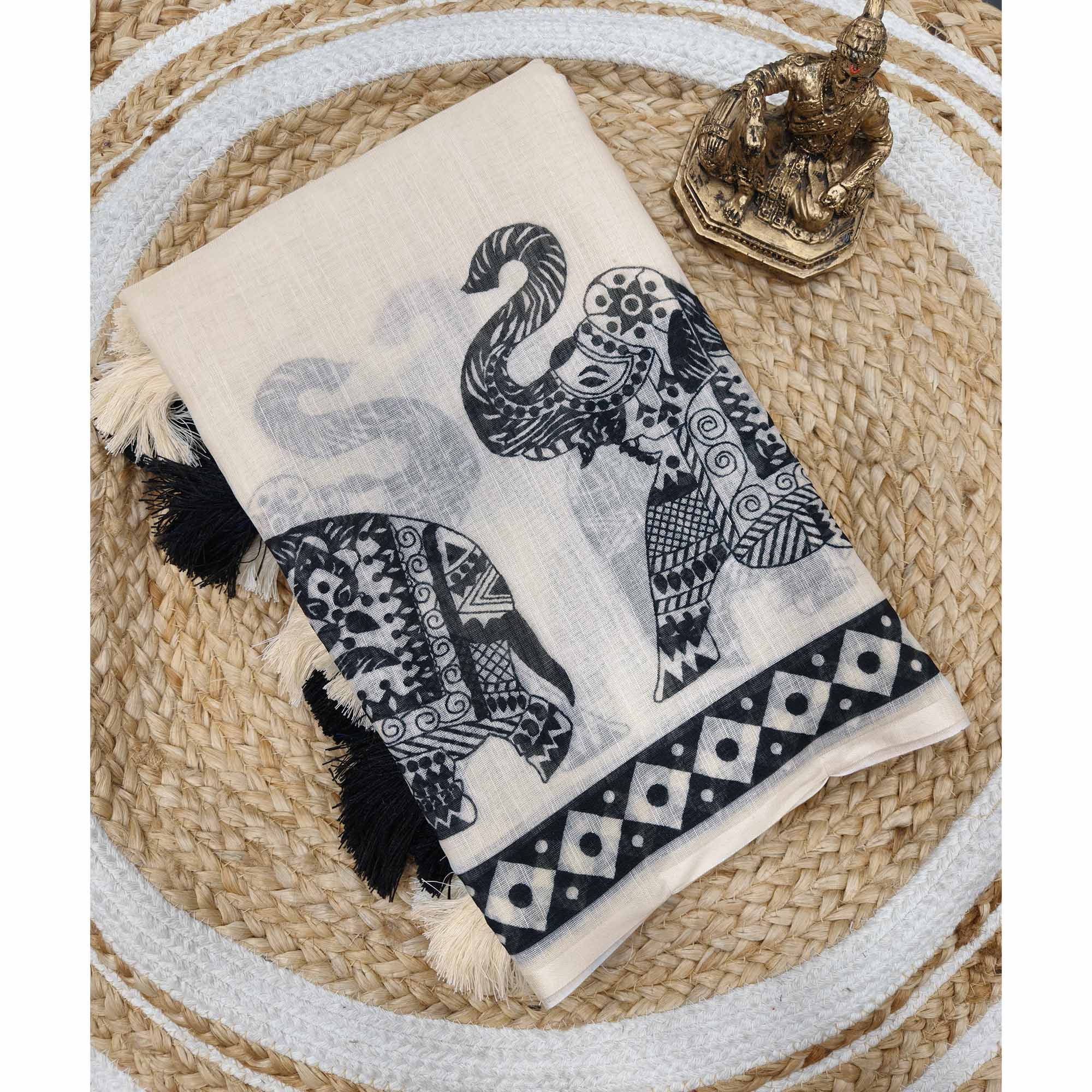 Cream Colored Floral Printed Saree in Comfortable Linen Cotton Fabric