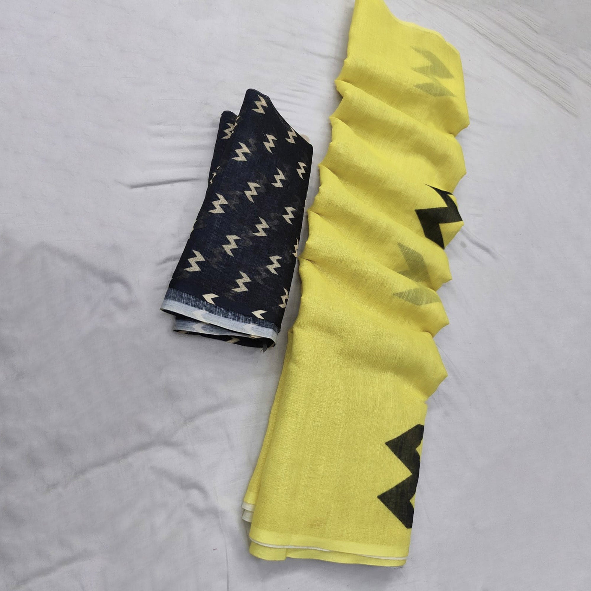 Lemon Yellow Linen Cotton Saree Adorned with Vibrant Geometric Prints and Breezy Texture