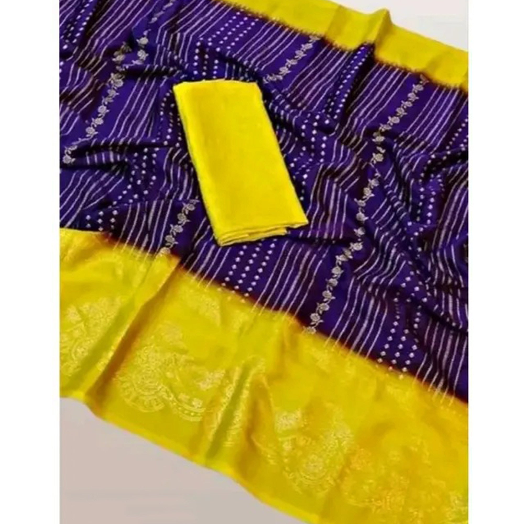 Purple & Yellow Foil Printed Chiffon Saree