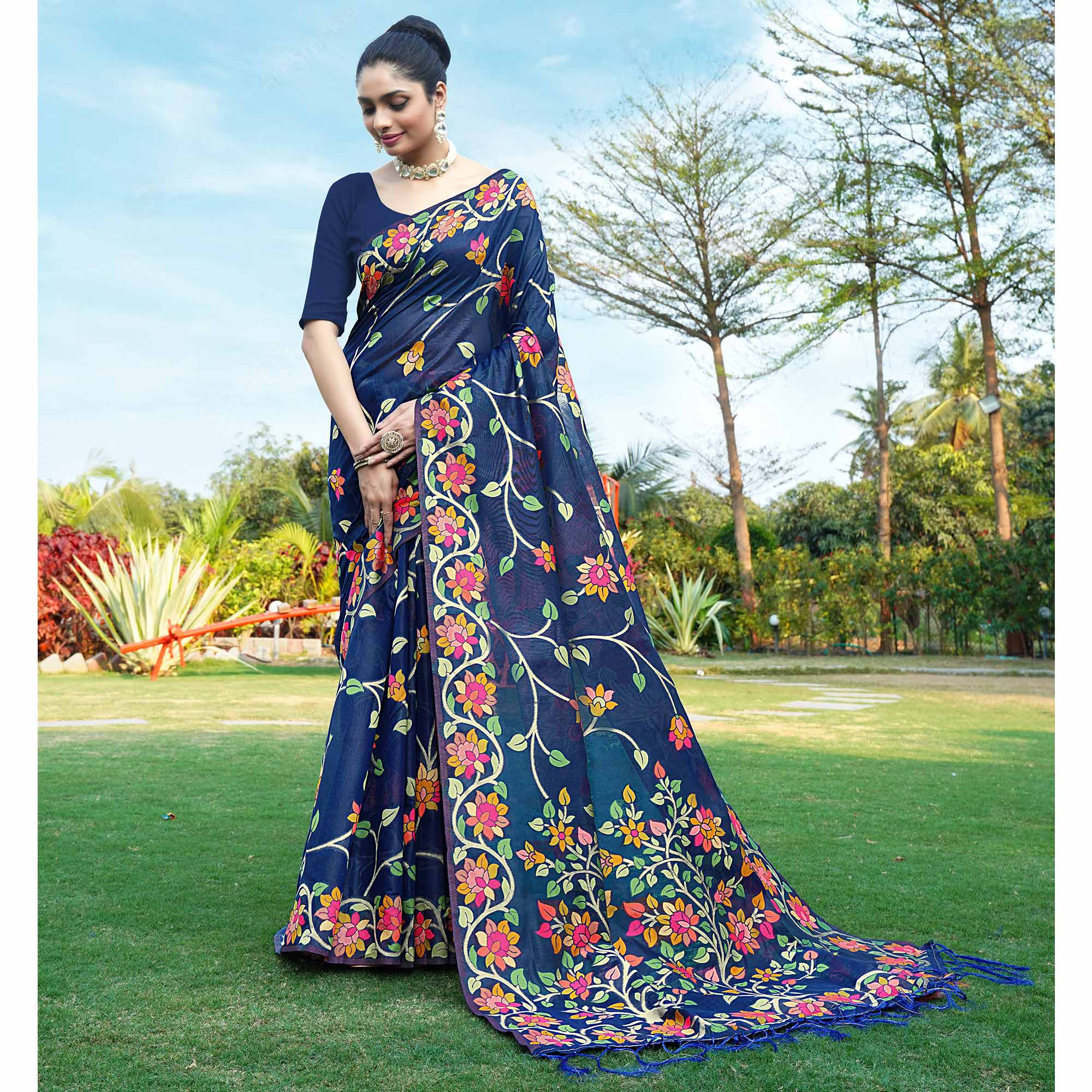 Navy Blue Floral Woven Cotton Silk Saree With Tassels