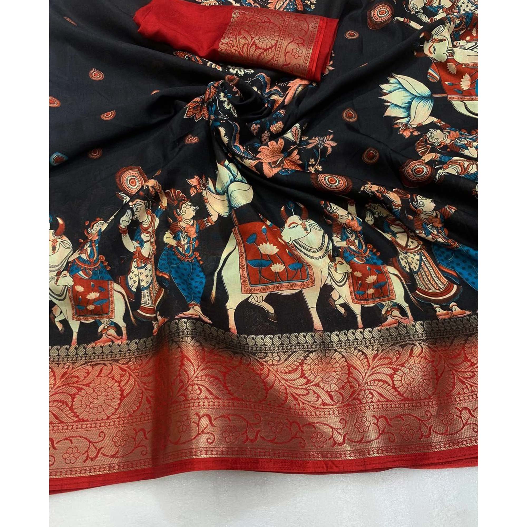 Elegant Black Printed Dola Silk Saree Accented With A Floral Woven Border