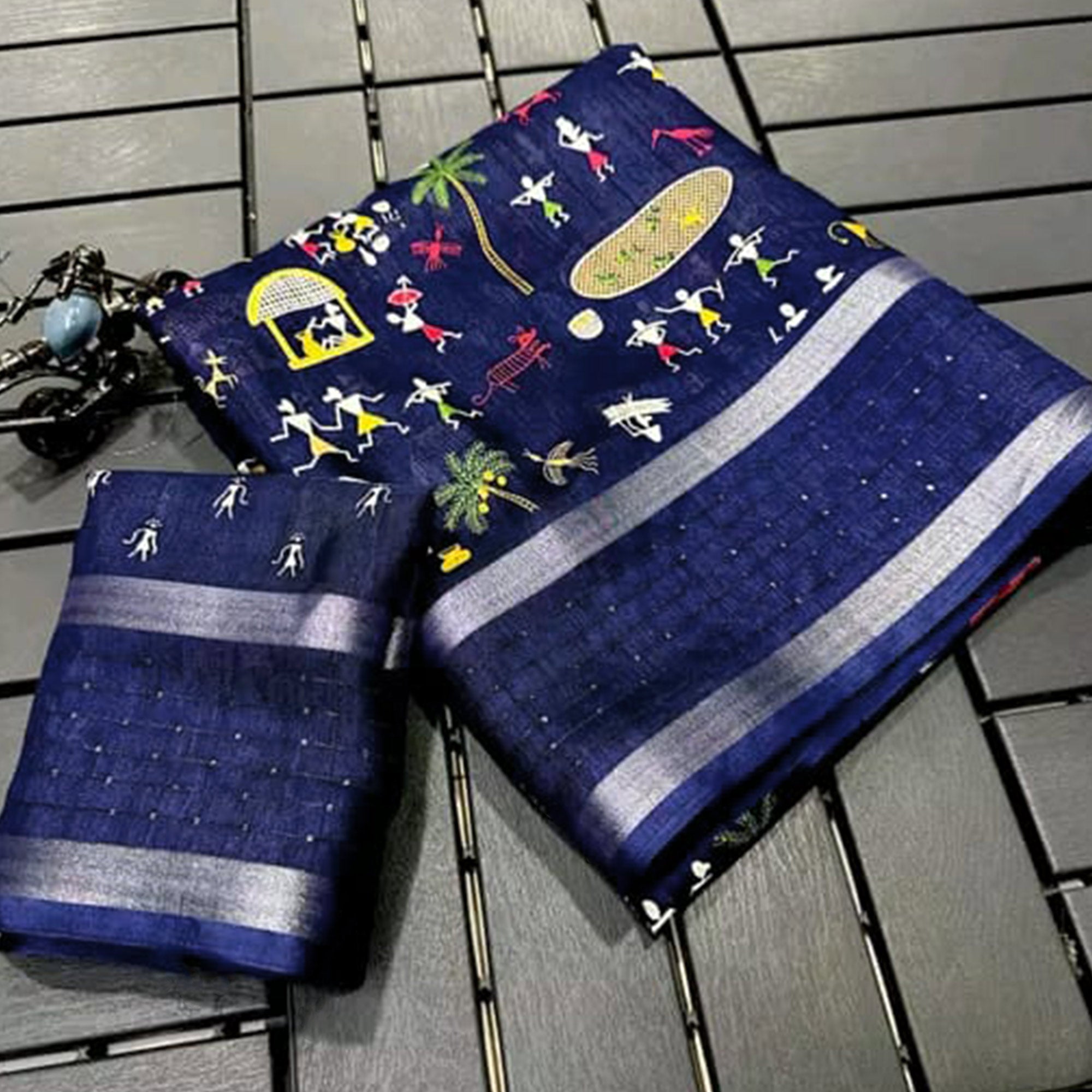 Navy Blue Warli Printed Dola Silk Saree
