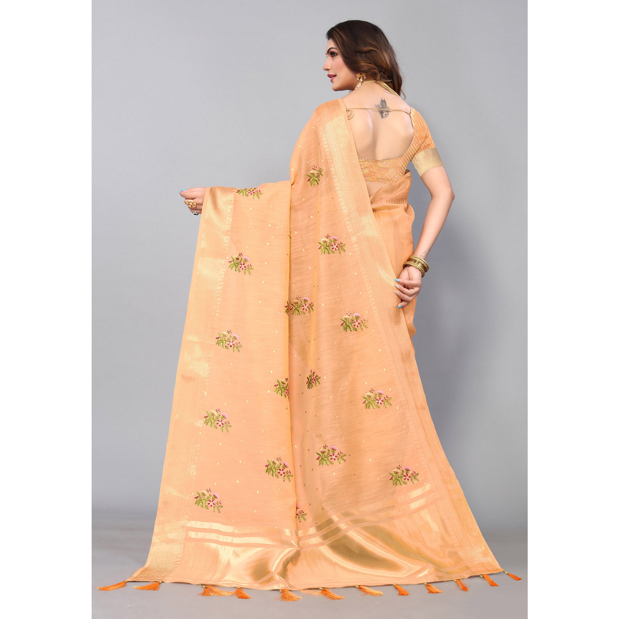 Light Orange Floral Embroidered Cotton Silk Saree With Zari Border