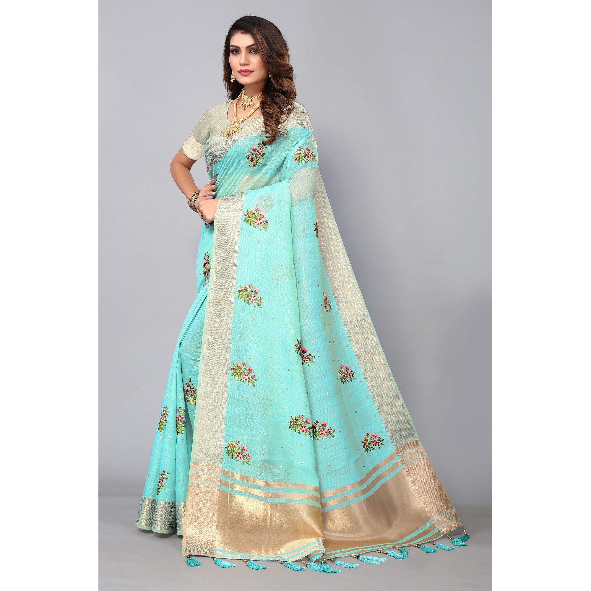 Sky Blue Floral Embroidered Cotton Silk Saree With Zari Border