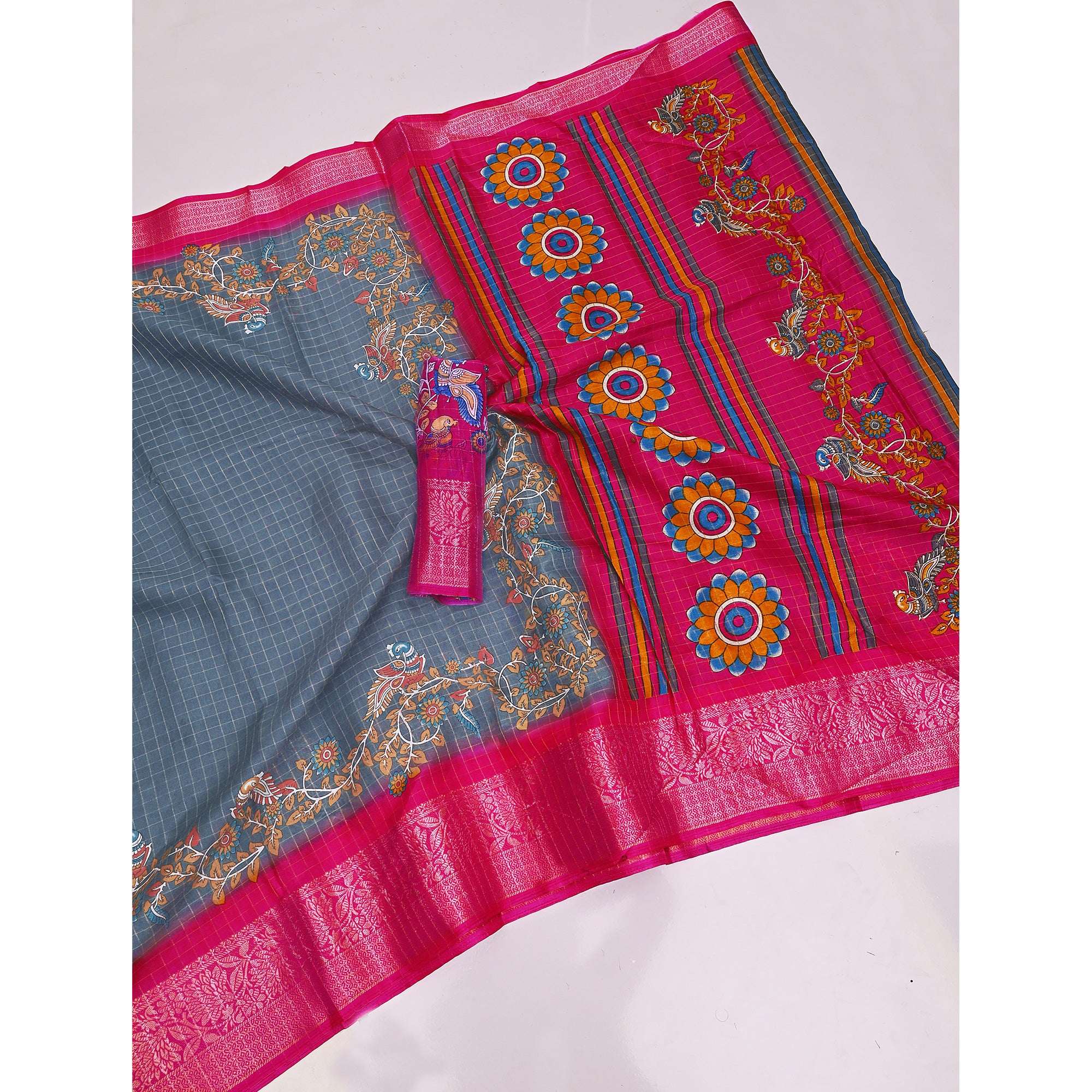 Sophisticated Grey Checks & Peacock Design Saree Crafted In Dola Silk With Weaving Jacquard Border