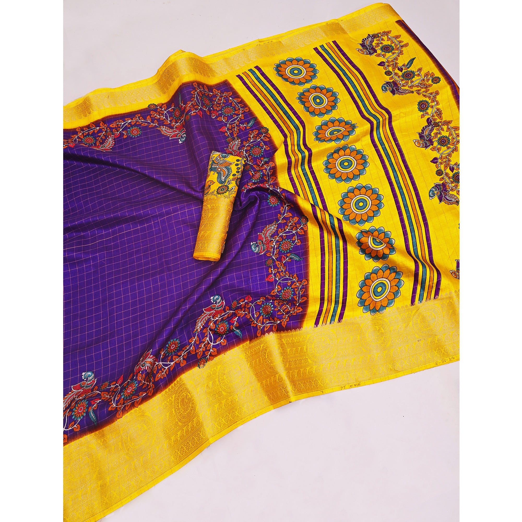 Sophisticated Purple Checks & Peacock Design Saree Crafted In Dola Silk With Weaving Jacquard Border
