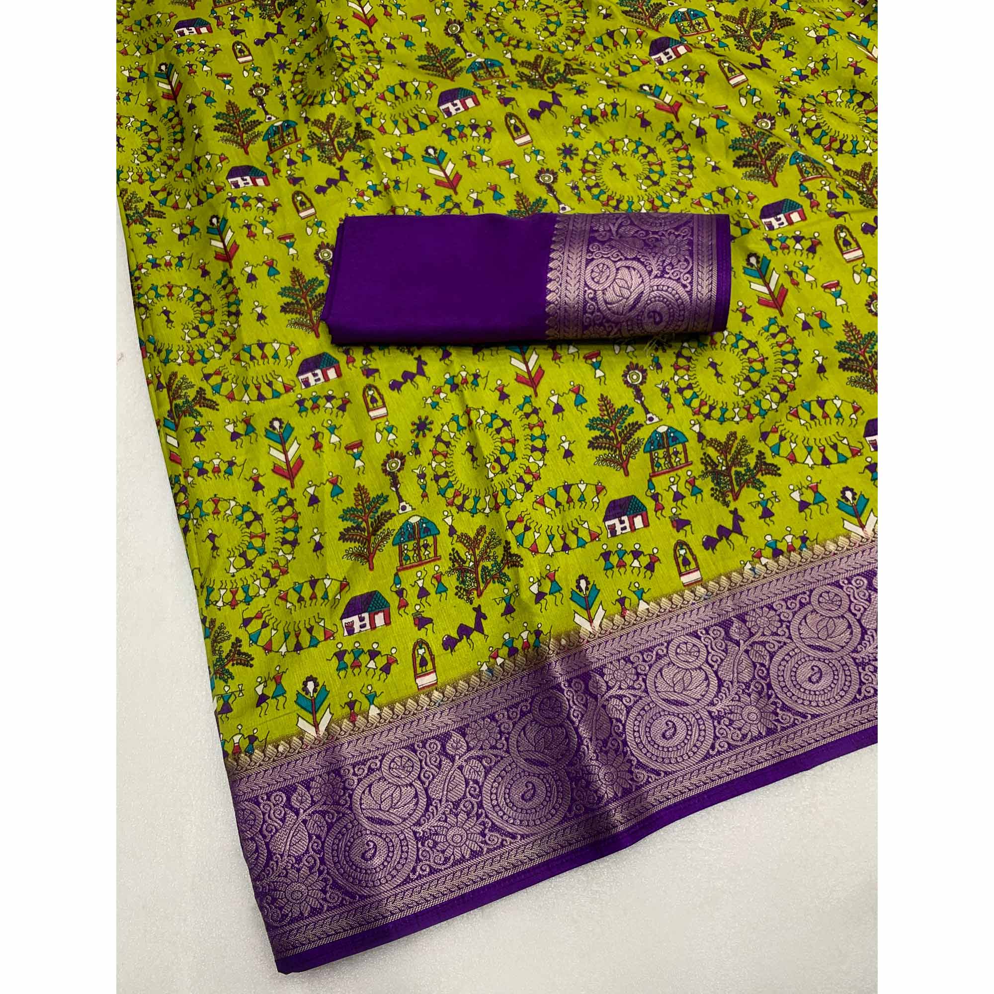 Green Warli Printed Dola Silk Saree With Zari Border