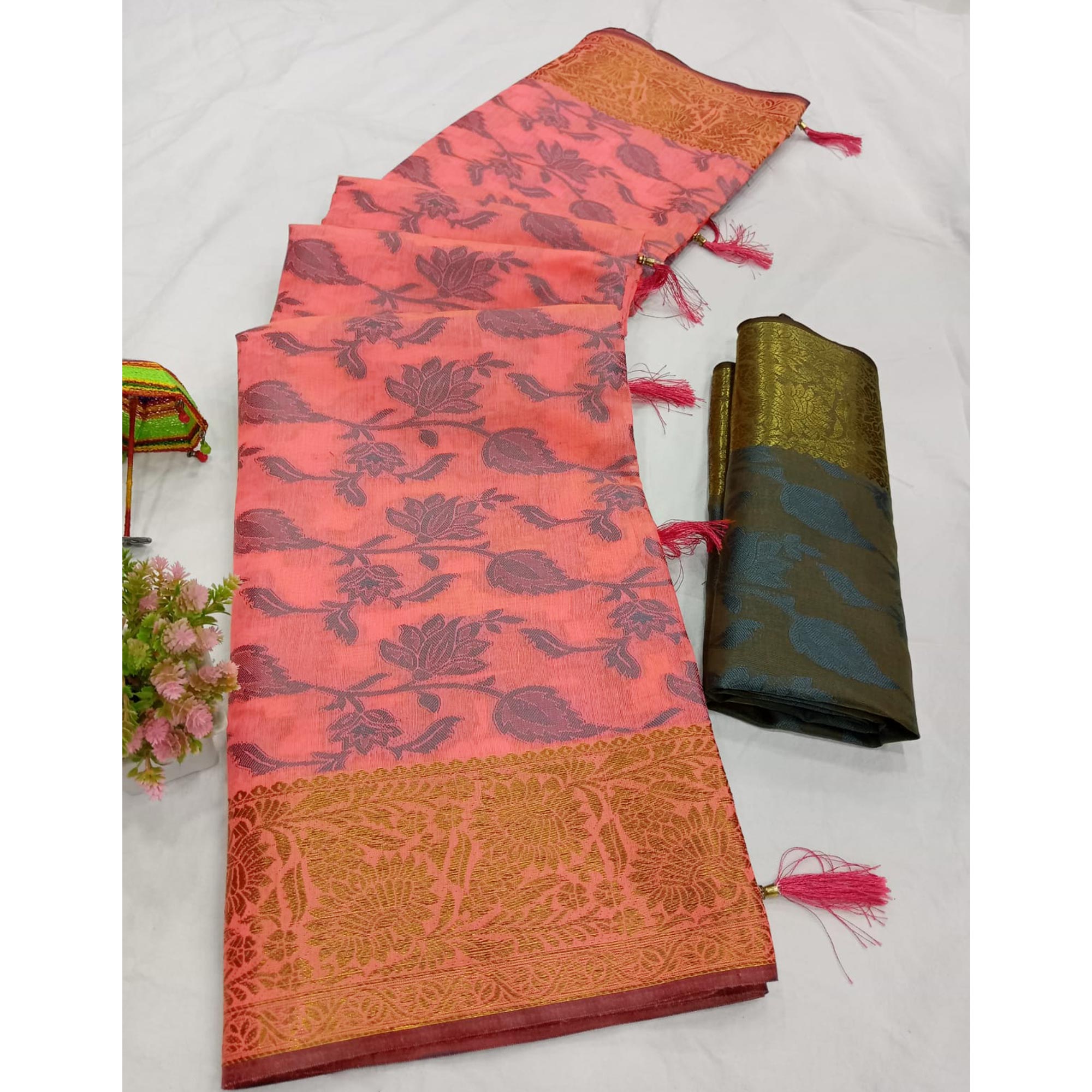 Pink Floral Woven Cotton Silk Saree With Tassels