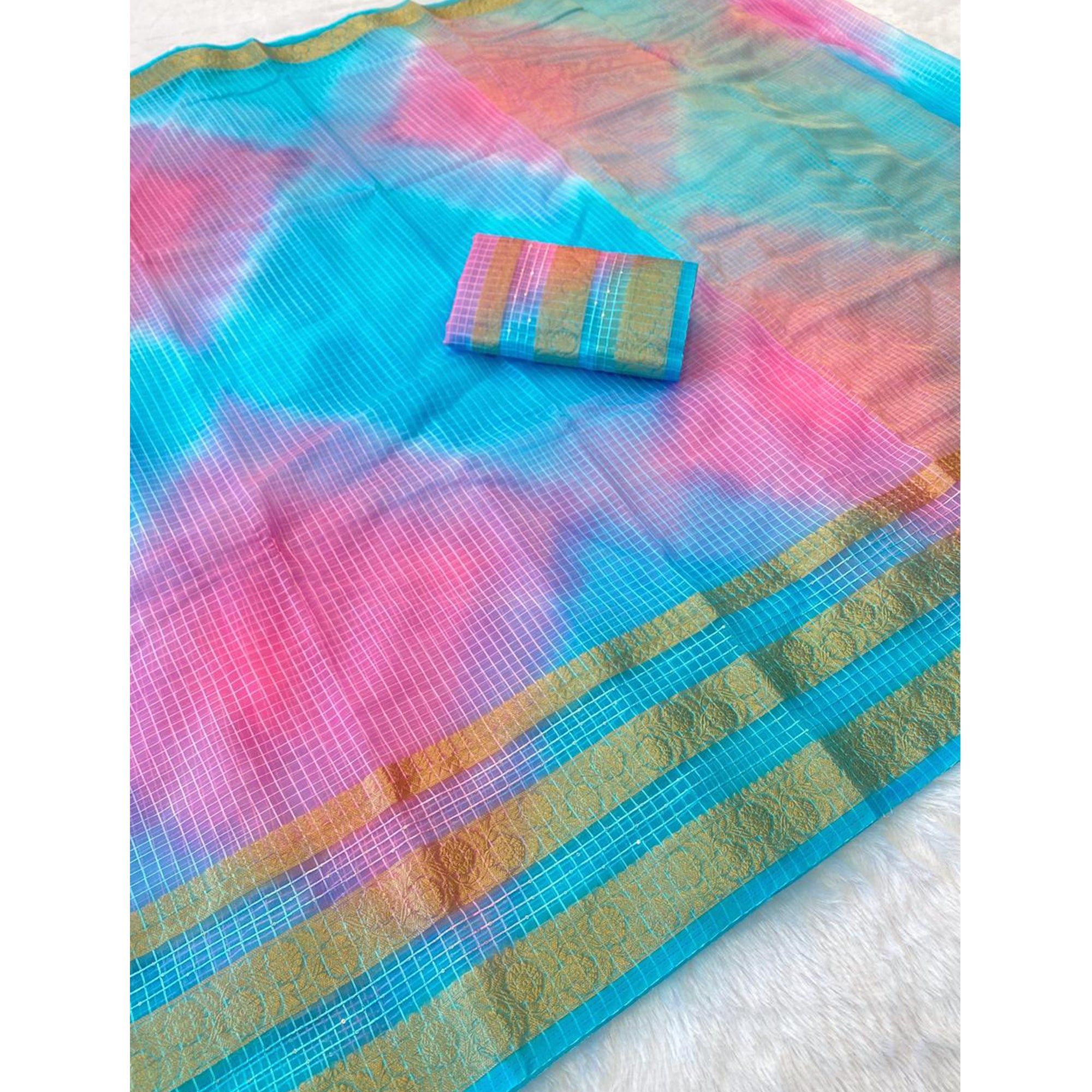 Classic Blue & Pink Kerala Inspired Checked Weaving Organza Saree
