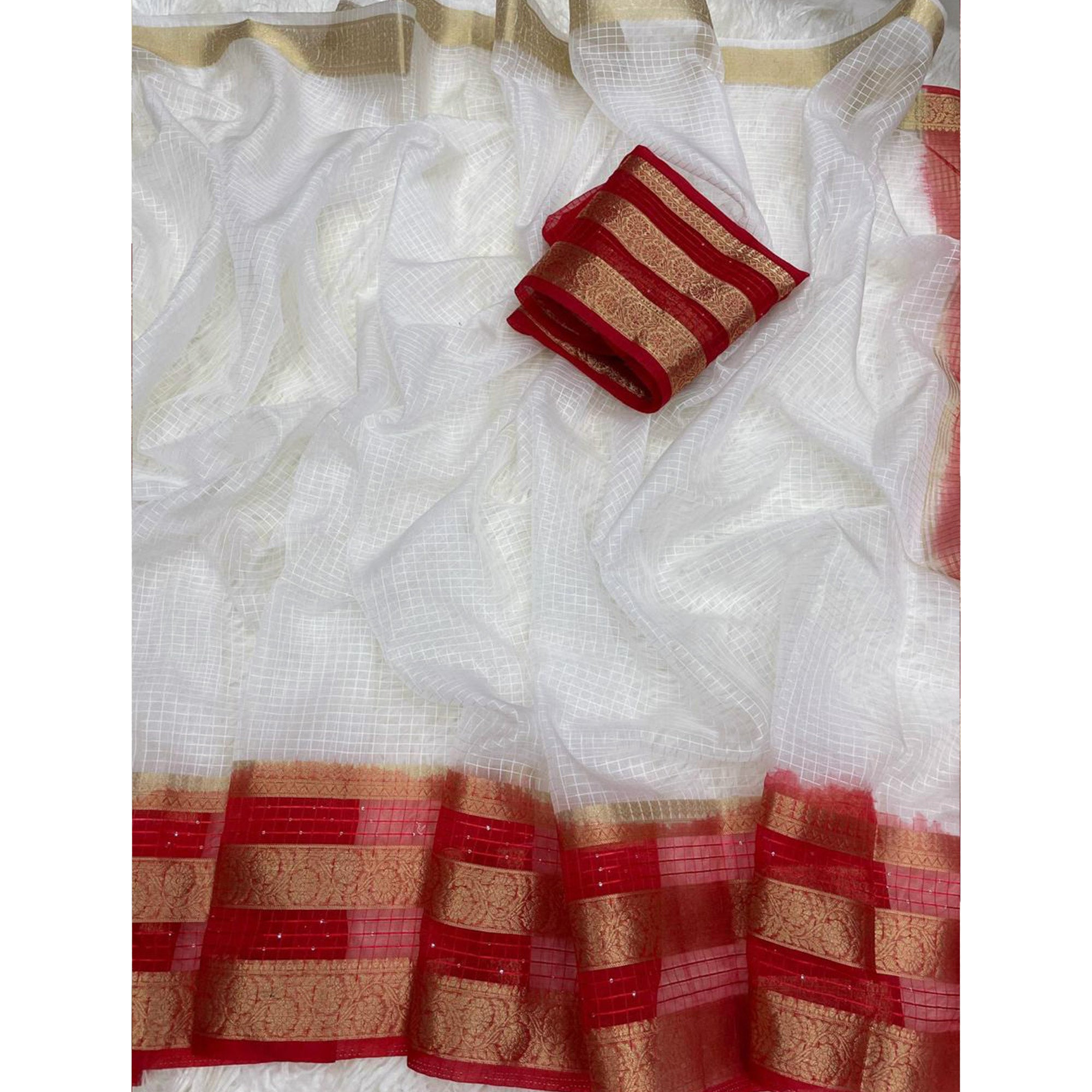 White & Red Kerala Checked Style Organza Saree