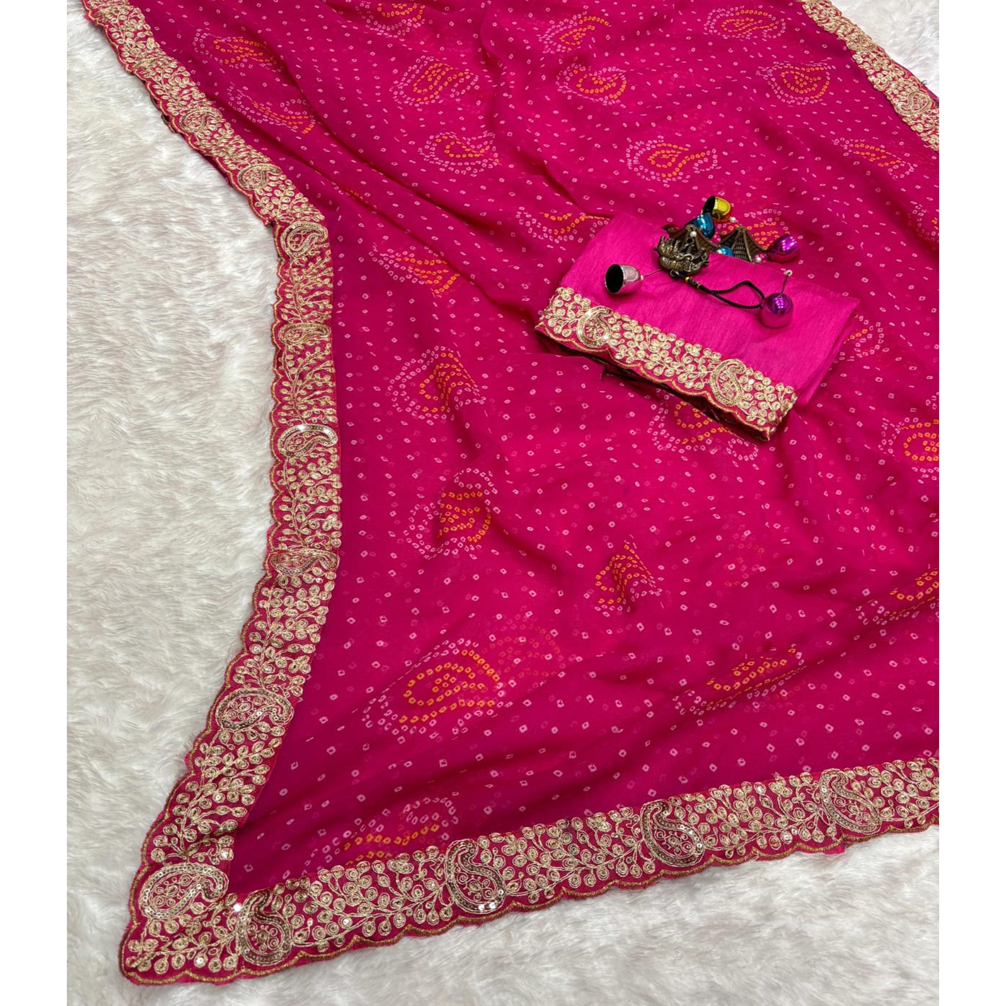 Pink Bandhani Printed Georgette Saree With Embroidered Border