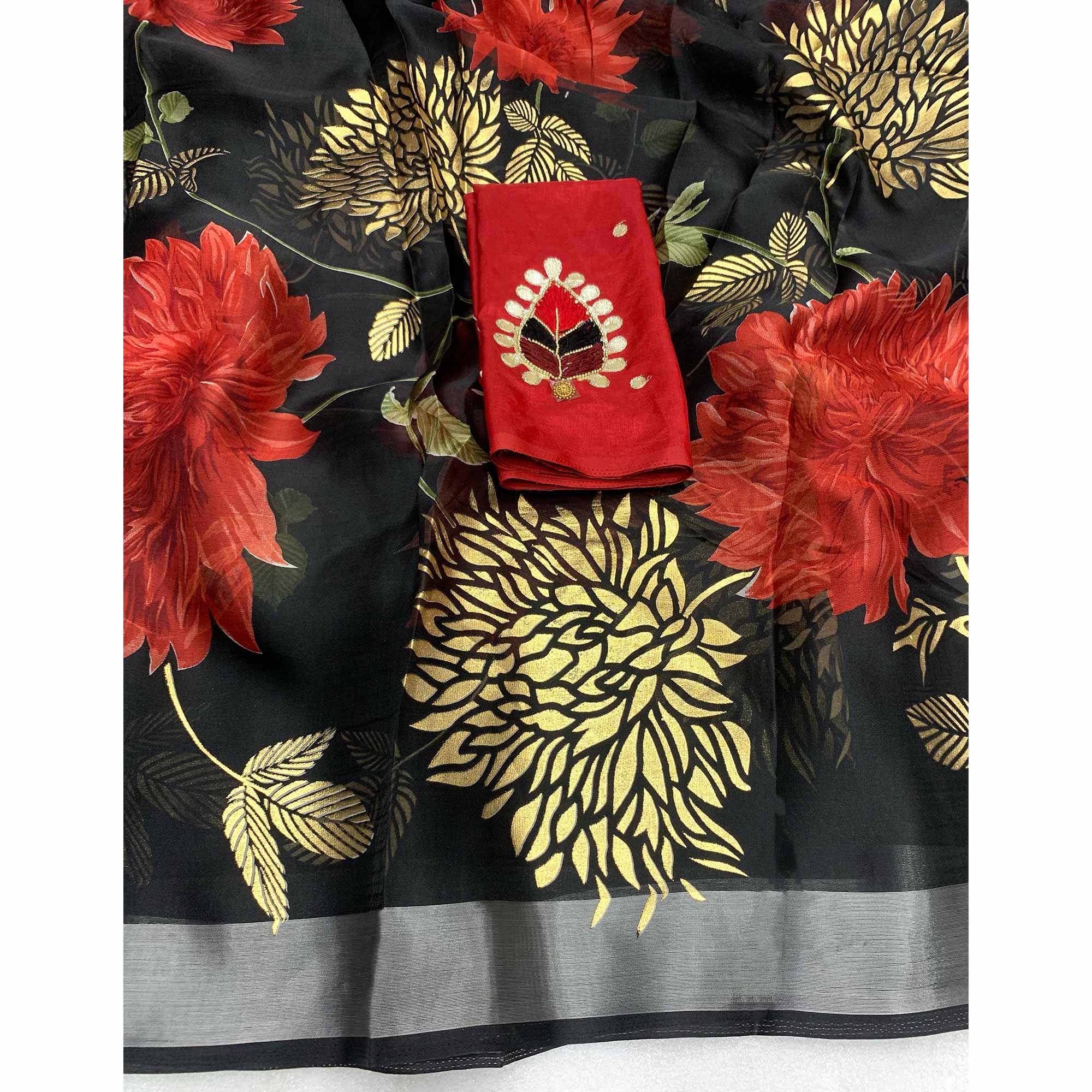 Black Floral Foil Printed Organza Saree