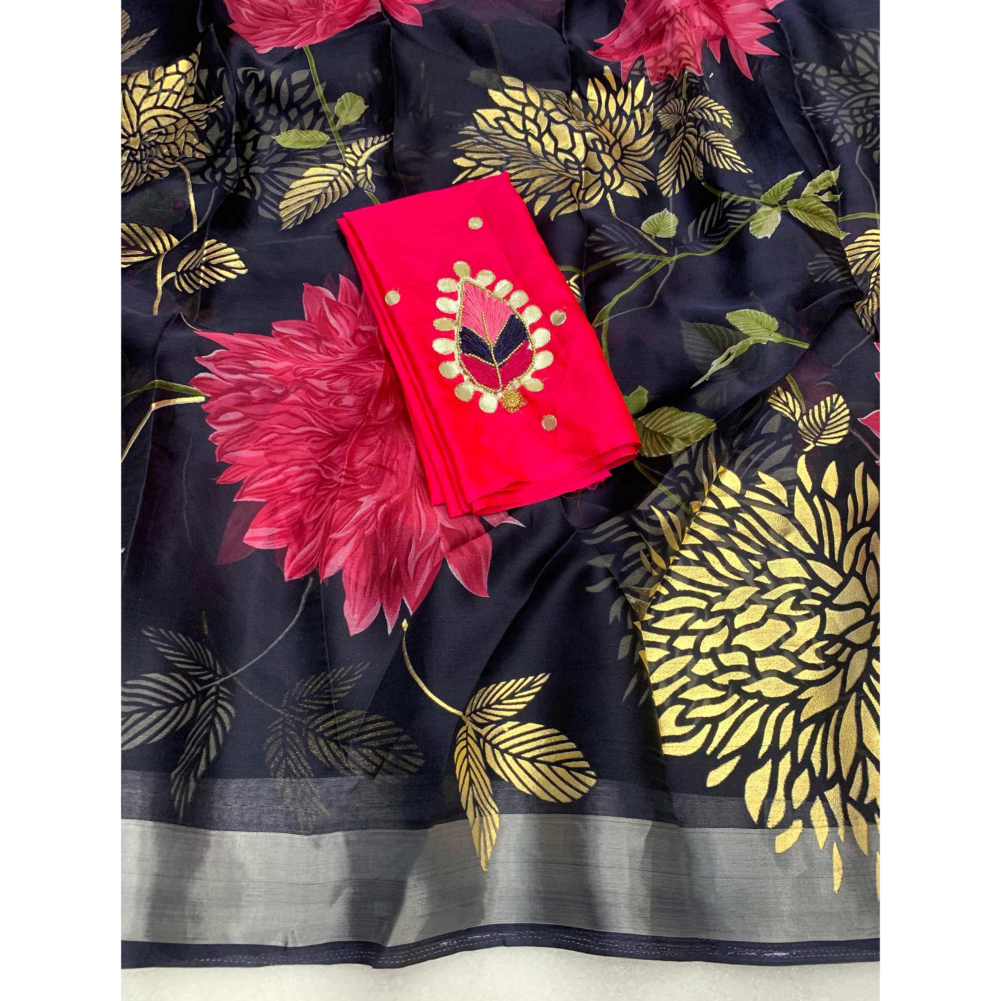 Navy Blue Floral Foil Printed Organza Saree