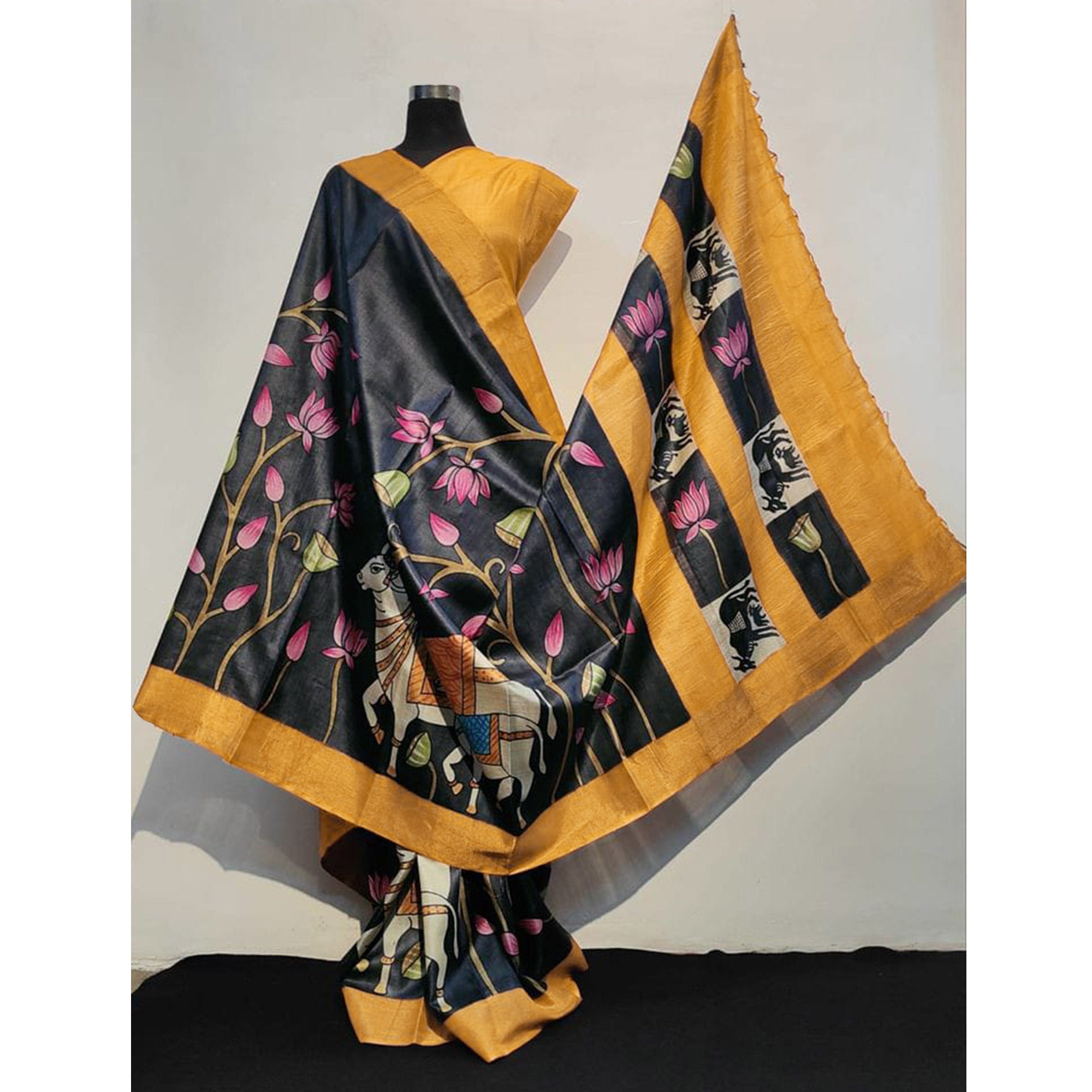 Black Floral Printed Tussar Silk Saree