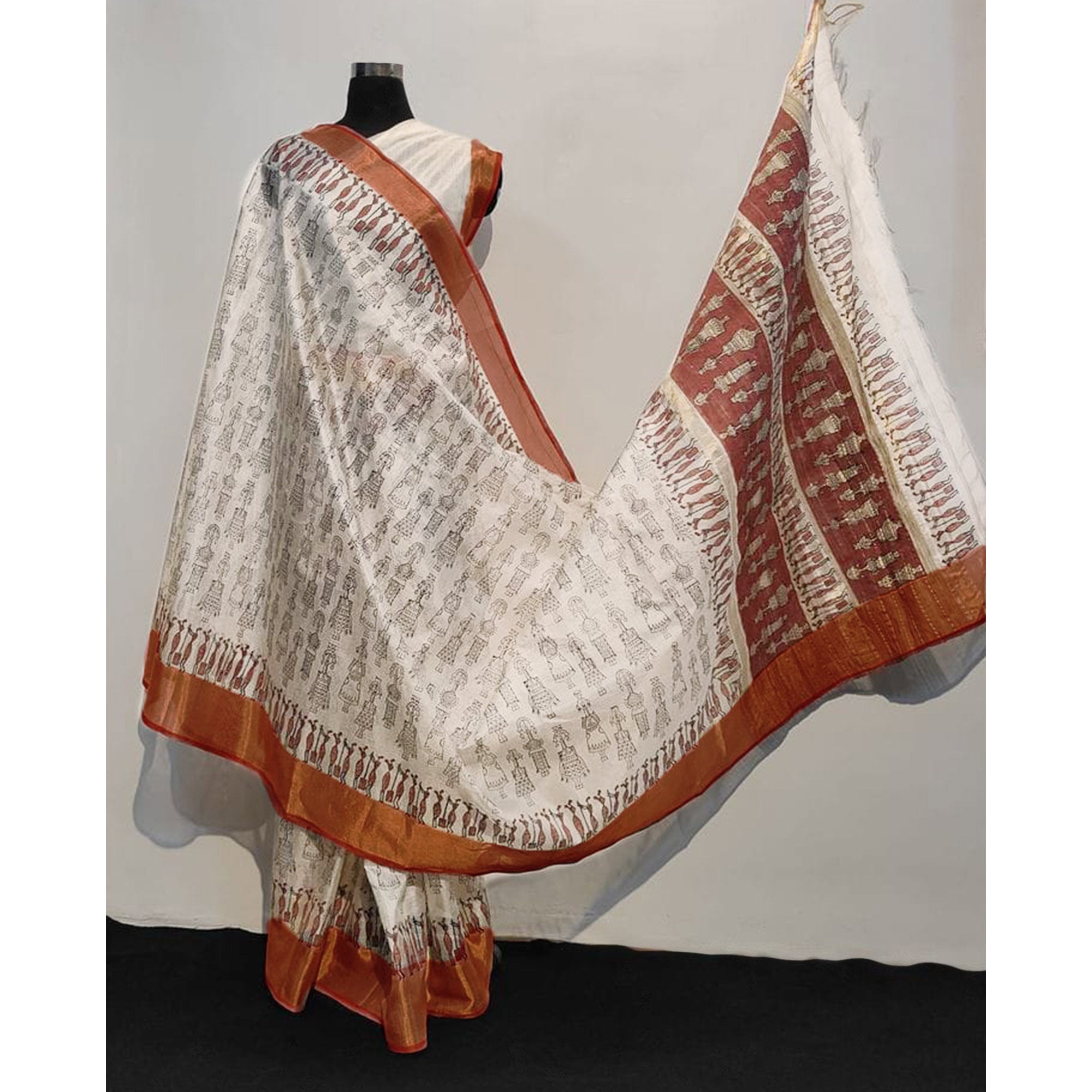 Off White Floral Printed Tussar Silk Saree