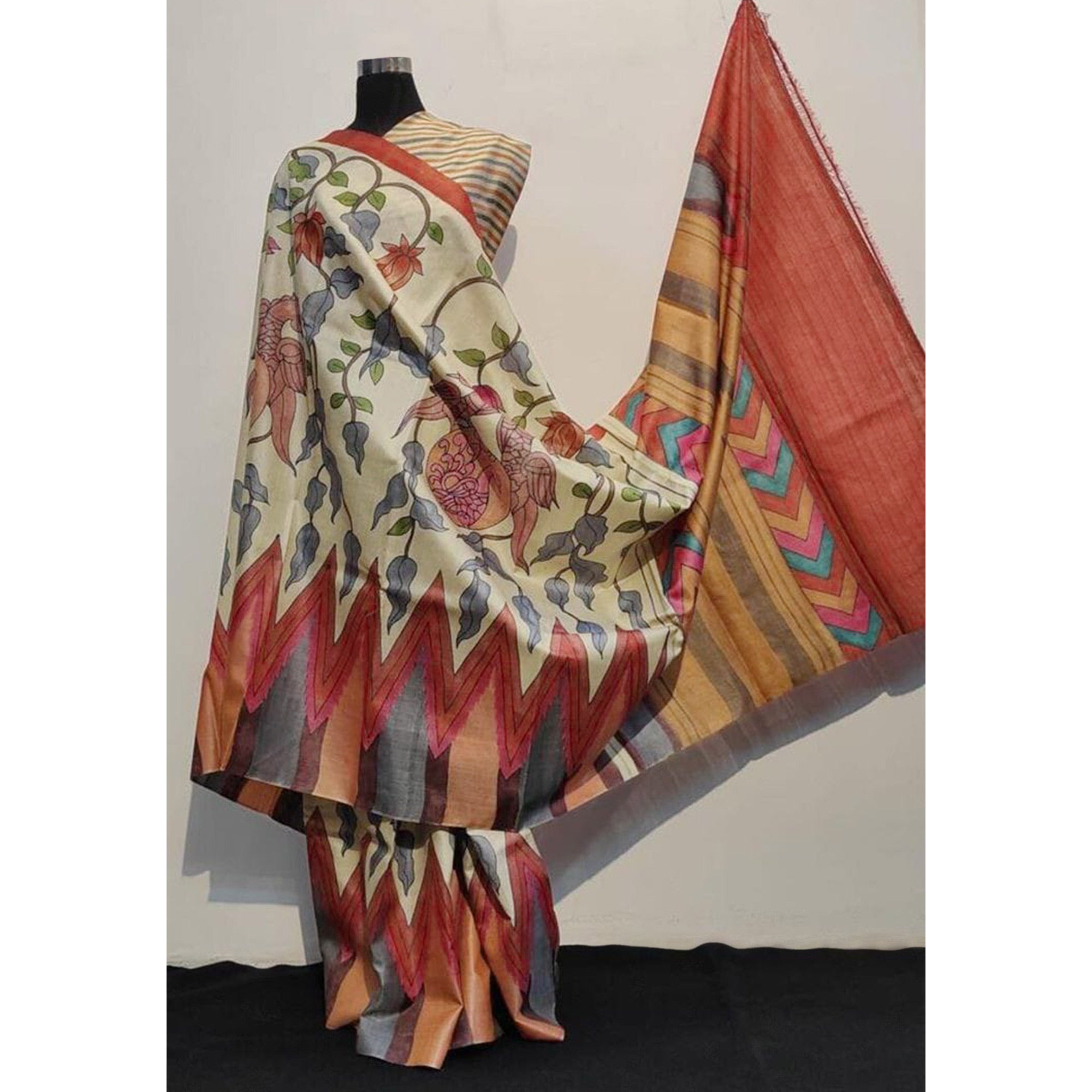 Beige Floral Printed Tussar Silk Saree