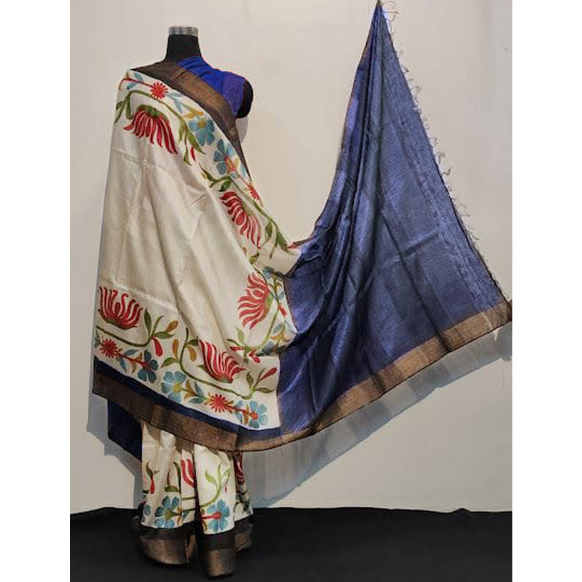 Off White Floral Printed Tussar Silk Saree