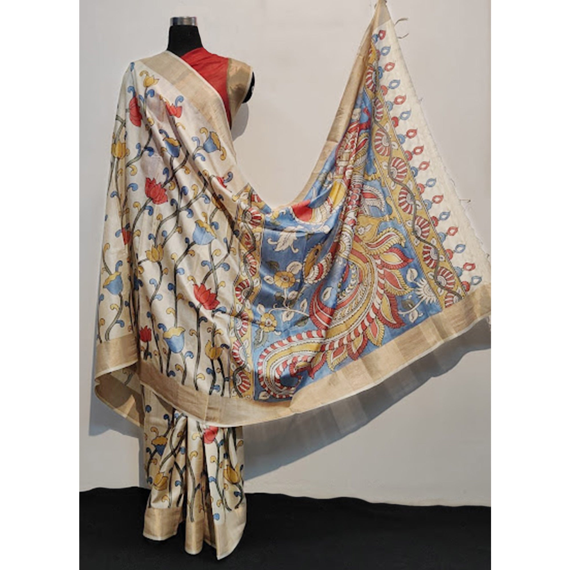 White Floral Printed Tussar Silk Saree