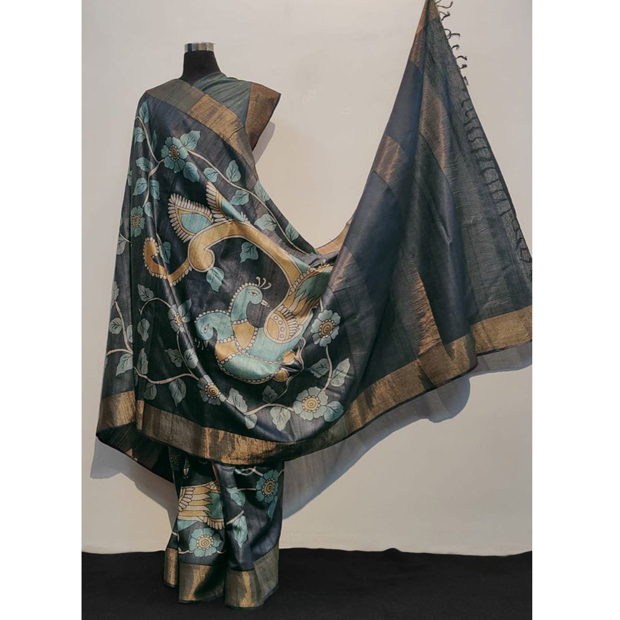 Dark Grey Floral Printed Tussar Silk Saree