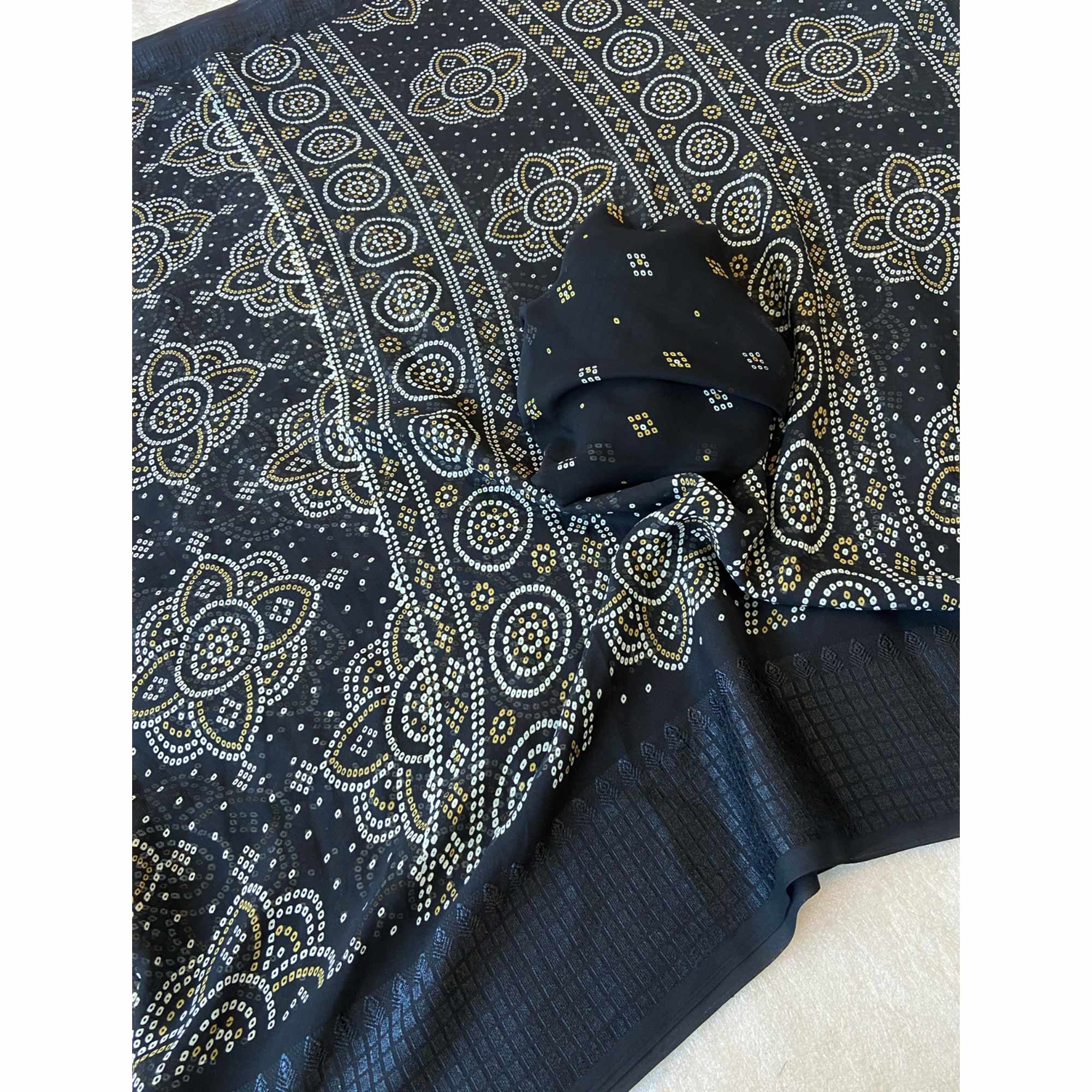 Black Bandhani Printed Georgette Saree With Viscose Border